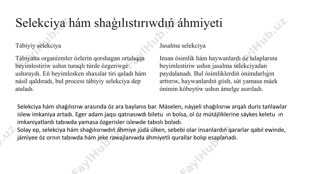 ósimliklerdiń belgili qásiyetlerin jaqsılawǵa qaratılǵan. haywanlar selekciyası haywanlar selekciyasında gibridlew jaqsı gósh, sút yamasa máek ónimin alıw ushın qollanıladı. ilimiy izertlewler gidrleniw genlerdiń qalay islewin úyreniw ushın ilimiy izertlewlerde de qollanıladı. 6 gibridleniw (yamasa "gibridleniw") ósimlikler (hám haywanlar) biotexnologiyası hám selekciyası tarawında keń tarqalgan bir process bolip, eki túr yaki sort arasında óz ara toqima yaki tuqımlar almasıw arqalı jana, gibrid sortlardıń payda bolıwın anlatadı. bul processtiń tiykarǵı maqseti - jaqsılanıw hám jańa, kúshlirek, nátiyjelirek hám ortalıqqa beyimlesetuǵın sortlardı jaratıw bolıp esaplanadı. gidrilleniw ádette joqarı ónim, keselliklerge shıdamlılıq, azıqlıq qásiyetler yamasa basqa paydalı qásiyetlerdi jaqsılawǵa qaratılǵan. jana qásiyetlerdi jaratıw: gúrilis arqalı hár túrli ósimlik sortlarınıń eń jaqsı qásiyetleri birlestiriledi. máselen, bir sort azıqlıqqa bay bolsa, basqa sort bolsa keselliklerge shıdamlı bolıwı múmkin. gípirleniw bul eki sorttıń paydalı qásiyetlerin birlestiredi hám jańa, jáne de kúshlirek ósimlikti jaratadı. ónimdi asırıw: gúrilistiń tiykargı maqsetlerinen biri ónimdi asırıw bolıp tabıladı. ósimliklerdiń joqarı ónim beriwi …
