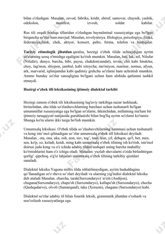 n quyidagicha so'zlarini ko'rish mumkin; maqola, faylasuf, ilm, amaliyot,qashshoq, maktab, madrasa. adabiyot, kasb, kitob, qalam, atir, farmon, sinf, hukumat, hokimiyat, fuqaro, jinoyat, huquq, xizmat, musobaqa, qonun, avliyo, azon, harf, alifbe, xat, savod, xato, daftar, maorif, muallim, imtihon, talaba, axloq, insho va boshqalar. o'zbek tiliga arab so'zlari ikki xil yo'l bilan o'zlashgan. birinchidan, maktab, madrasa, kitob, din,davlat tizimi orqali kirgan. masalan, maktab, dars, qalam,kitob, nashriyot, muharrir, muallif, matbuot, jild, nusxa, xat, tarbiya, ta'lim, saboq; ikkinchidan, eroniy tillar orqali kirgan. masalan, baquvvat, qarzdor, g'amxo'r, mansabdor va boshqalar. ruscha -baynalminal so'zlar. rus tili va u orqali baynalminal so'zlarning o'zbek tiliga o'zlashishi xix asming ikkinchi yarmidan boshlandi. bunday so'zlar, asosan, ikki yo'l bilan, birinchidan, rossiyaning markaziy osiyoni xususan, xonliklarni bosib olishi ikkinchidan, turli siyosiy, madaniy aloqalar, fan, texnika rivojlanishi bilan o'zlashgan. masalan, zavod, fabrika, kridit, shtraf, samovar, chaynik, yashik, odekolon, manifest, izvosh, soldat kabilar. rus tili orqali boshqa tillaridan o'zlashgan baynalminal xususiyatiga ega bo'lgan …