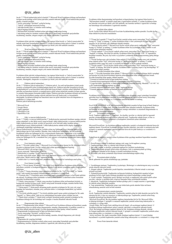 iga taqdim etish yoki yetkazib berish jarayoni. bu hisobotlar, diagrammalar, grafiklar yoki vizualizatsiya kabi turli formatlarda amalga oshirilishi mumkin. 4. saqlash: axborotni kelajakda foydalanish uchun saqlash yoki arxivlash jarayoni. buni qattiq disklar, bulutli xotira yoki tashqi disklar kabi turli xil saqlash vositalarida bajarish mumkin. 5. qayta olish: kerak bo'lganda saqlangan ma'lumotlarga kirish yoki olish jarayoni. buni qidirish, saralash yoki filtrlash kabi turli usullar yordamida amalga oshirish mumkin. 6. uzatish: ma'lumotni bir tizim yoki qurilmadan boshqasiga yuborish yoki qabul qilish jarayoni. buni turli xil aloqa kanallari, masalan, elektron pochta, xabar almashish yoki fayl almashish orqali amalga oshirish mumkin. ushbu jarayonlar axborotdan samarali foydalanish va boshqarish uchun zarurdir. bu jarayonlarni qoʻllab-quvvatlash uchun maʼlumotlar bazalari, axborotni boshqarish tizimlari va aloqa tarmoqlari kabi turli vositalar va texnologiyalar qoʻllaniladi. 6. axborot texnologiyalari tushunchasi, javob: axborot texnologiyalari (it) axborotni qayta ishlash, saqlash va uzatish uchun kompyuterlar, dasturiy taʼminot va boshqa raqamli qurilmalardan foydalanishni bildiradi. it – …