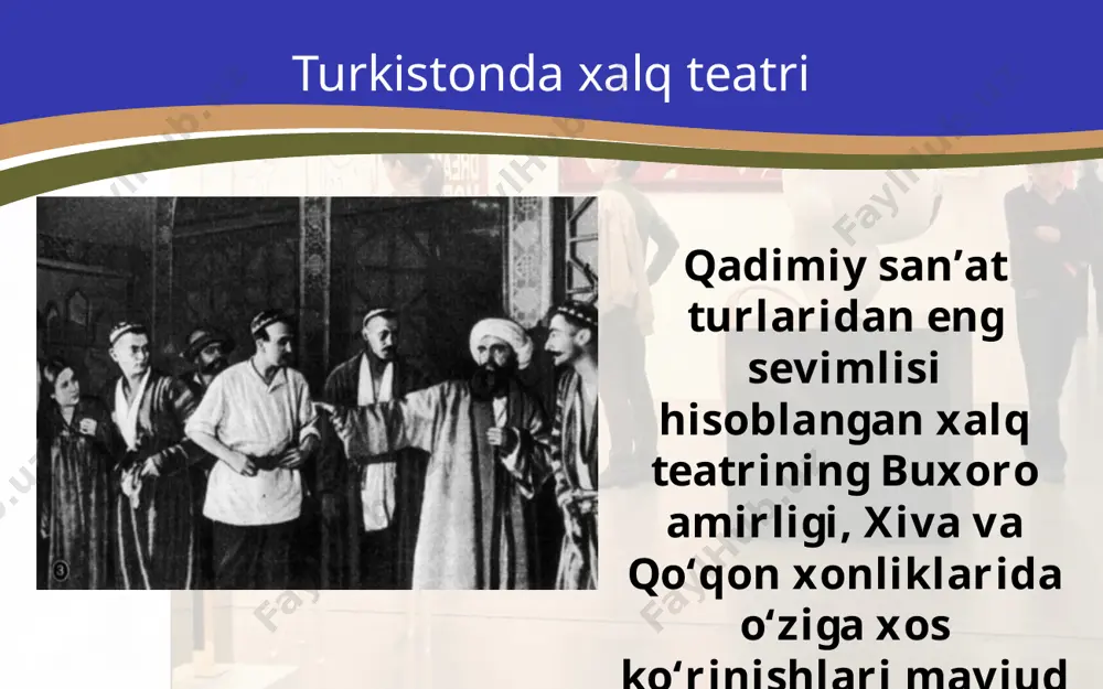 a. samadovning «mahramlar», fitratning «bir farangi bilan buxorolik bir mudarrisning qilgan munozaralari» nomli asarlari shular jumlasidandir. mahmudxo‘ja behbudiy 1916-yil qo‘qon shahrida hamza rahbarligida havaskorlar teatri tashkil etildi. unda namoyish etilgan birinchi spektakl hamzaning «zaharli hayot yoxud ishq qurbonlari» pyesasi bo‘ldi. hamza hakimzoda niyoziy xudoybergan devonov 1878-yilda tug‘ilgan. bolaligidan bilimga chanqoqligi va ijodiy iste’dodi bilan ajralib turgan. u arab, fors va rus tillarini o‘rgangan. qiziquvchan o‘smir nemis tilini o‘rgana boshlagan va bu kelgusida uning taqdirini belgilab bergan. xudoybergan devonov musiqa san’ati xalq sozandalari mashhur usta-bastakorlar qo‘lida ta’lim olishgan. ko‘p asrlar davomida butun sharqda keng tarqalgan mumtoz maqomlar professional musiqaning og‘zaki an’analaridagi bebaho xazinasini tashkil etgan. maqomlar yirik turkumli og‘zaki-cholg‘uli (yakkaxon va cholg‘uli) asarlardir. musiqa asboblari turkistonning o‘sha kezlardagi musiqa madaniyatida yakkaxon ijrochilar ham, ansambl ijrosi ham rivojlandi. karnay, nog‘ora yoki doira, ya’ni qattiq jaranglovchi cholg‘u asboblari an’anaviy bayramlarda, to‘y-tantanalarda, ommaviy tomoshalarda jo‘rovoz bo‘lgan; birmuncha past jaranglovchi cholg‘u asboblari - surnay, dutor, …
