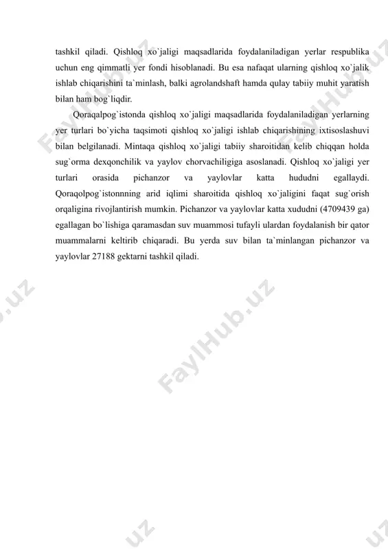 mi (yong`oq, olma, o`rik va x..k. bog`lari). agrogen fatsiyalar -bir xil relyefga, tuproqqa, gidrotermik sharoitga ega bo`lgan urochishelarning bir qismidir. qoraqolpog`iston respublikasida qishloq xo`jaligiga mo`ljallangan yerlarning umumiy maydoni 9146.9 ming gektarni yoki respublika yer fondining 31.9 % ni tashkil qiladi. qishloq xo`jaligi maqsadlarida foydalaniladigan yerlar respublika uchun eng qimmatli yer fondi hisoblanadi. bu esa nafaqat ularning qishloq xo`jalik ishlab chiqarishini ta`minlash, balki agrolandshaft hamda qulay tabiiy muhit yaratish bilan ham bog`liqdir. qoraqalpog`istonda qishloq xo`jaligi maqsadlarida foydalaniladigan yerlarning yer turlari bo`yicha taqsimoti qishloq xo`jaligi ishlab chiqarishining ixtisoslashuvi bilan belgilanadi. mintaqa qishloq xo`jaligi tabiiy sharoitidan kelib chiqqan holda sug`orma dexqonchilik va yaylov chorvachiligiga asoslanadi. qishloq xo`jaligi yer turlari orasida pichanzor va yaylovlar katta hududni egallaydi. qoraqolpog`istonnning arid iqlimi sharoitida qishloq xo`jaligini faqat sug`orish orqaligina rivojlantirish mumkin. pichanzor va yaylovlar katta xududni (4709439 ga) egallagan bo`lishiga qaramasdan suv muammosi tufayli ulardan foydalanish bir qator muammalarni keltirib chiqaradi. bu yerda suv bilan ta`minlangan pichanzor …
