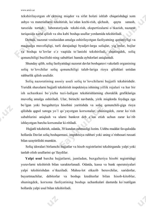 an o`tkaziladi. mahsu-lot etkazib beruvchilar, xaridorlar, buyurtmachilar, debitorlar va boshqa kreditorlar bilan hisob-kitoblar, shuningdek, korxona faoliyatining boshqa uchastkalari dasturda ko`rsatilgan hollarda yalpi usul bilan tekshiriladi. tanlab olish usulida tekshirilayotgan davrning har bir oyi-dagi yoki bir necha oy uchun birlamchi hujjatlarning bir qismi tekshiriladi. tanlab tekshirilganda soliq qonunchiligida jiddiy buzilishlar yoki suiiste`molliklar aniqlangan hollarda korxona faoliyatining mazkur uchastkasida tekshirish yalpi usul vositasida o`tkazilib, foyda (daromad) yashirilgani yoki boshqa ob`ektlar so-liq solishdan yashirilgani va suiiste`molliklar to`g`risida guvoh-lik beruvchi hujjatlar majburan olib qo`yiladi. soliq ma`murchiligining tarkibi sifatida soliq nazoratini respublikamizda tashkil qilish holati bilan tanishib chiqamiz. respublikamizda soliq nazorati quyidagi shakllarda olib boriladi: - soliq to`lovchini ro`yxatdan o`tish hisobini yuritish; - soliq ob`ektlari va soliqqa tortish bilan bog`liq boshqa ob`-ektlarni hisobini yuritish; · pul tushumlarini xronometraj qilish; · soliq tushumlari hisobini yuritish; · soliq tekshiruvlari o`tkazish; · kameral nazorat, dastlabki nazorat (xo`jalik sub`ektlarining buxgalteriya va boshqa hisobotiarni joylarga bormasdan tekshirish); · soliq to`lovchilarning …