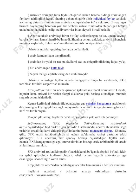 rcha siqilgan fayllar bitta ketma-ket ma'lumotlar oqimi sifatida ko'rib chiqiladi. doimiy arxivlash siqishni nisbatini sezilarli darajada oshiradi, ayniqsa qo'shganda katta raqam kichik o'xshash fayllar. biroq, kamchiliklar ham mavjud: § mavjud uzluksiz arxivlar oddiy arxivlarga qaraganda sekinroq yangilanadi; § shifrlangan uzluksiz arxivlarni o'zgartirish mumkin emas; § uzluksiz arxivdan bitta faylni chiqarish uchun barcha oldingi arxivlangan fayllarni tahlil qilish kerak, shuning uchun chiqarib olish individual fayllar uzluksiz arxivning o'rtasidan muntazam arxivdan chiqarishdan ko'ra sekinroq. biroq, agar birinchi fayllarning barchasi yoki bir nechtasi uzluksiz arxivdan chiqarilgan bo'lsa, unda bu holda ochish tezligi oddiy arxivlar bilan deyarli bir xil bo'ladi; § agar uzluksiz arxivdagi biron bir fayl shikastlangan bo'lsa, undan keyingi barcha fayllarni ham chiqarib bo'lmaydi. shuning uchun, uzluksiz arxivni ishonchsiz muhitga saqlashda, tiklash ma'lumotlarini qo'shish tavsiya etiladi. uzluksiz arxivlar quyidagi hollarda qo'llaniladi: § arxiv kamdan-kam yangilanadi; § arxivdan bir yoki bir nechta fayllarni tez-tez chiqarib olishning hojati yo'q; § biri arxivlangan katta fayl; …