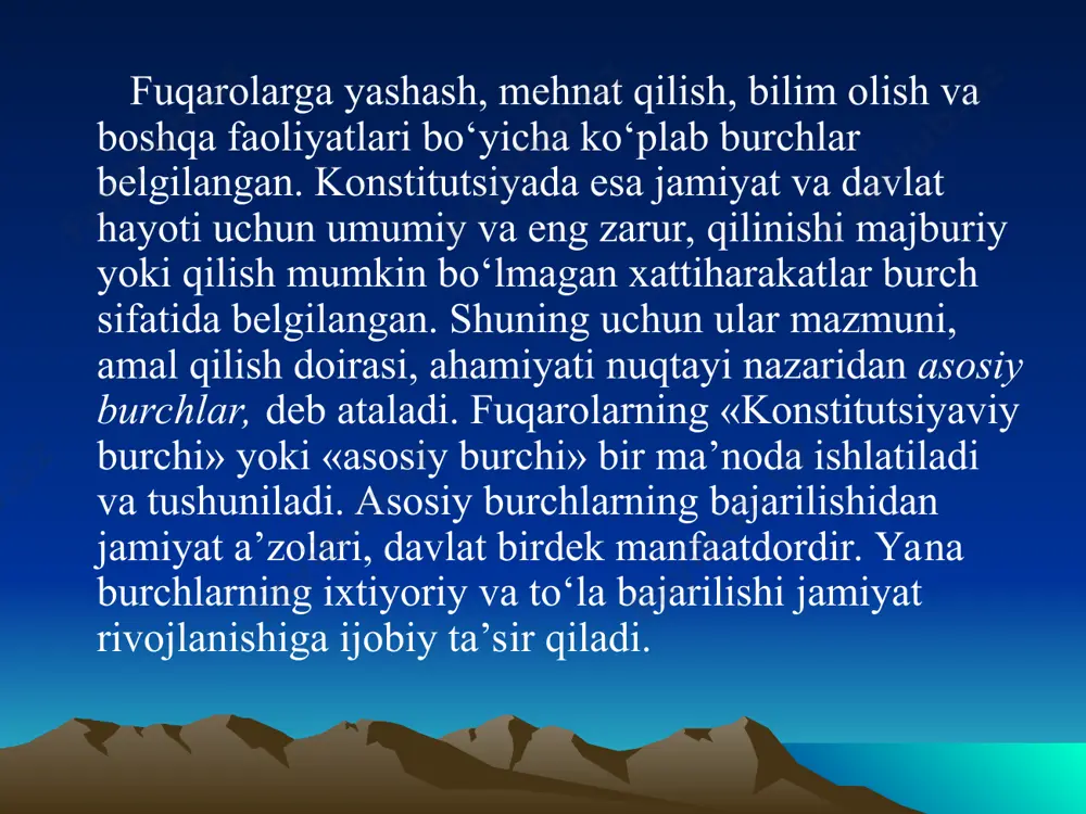 uriy jazolar belgilanadi. qonunlarda konstitutsiya va qonunlardagi burchlarni bajarmaganlik uchun jazo choralari belgilanishi konstitutsiyaviy burchlar ta’minlanishi kafolati hisoblanadi.