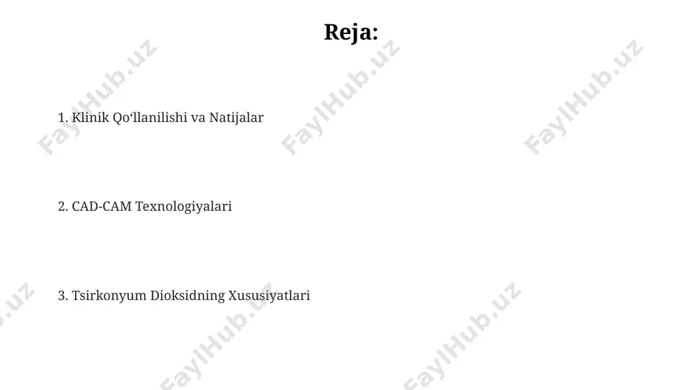 mumkin, bu esa 5 mikrondan kamroq aniqlikni ta'minlaydi va bu germaniyadagi ko'plab stomatologik klinikalarda qo'llaniladi. zirkon dioksidli restoratsiyalar zirkon dioksidli restavratsiyalar 98% dan yuqori zichlikka ega boʻlib, bu ularning yuqori mustahkamligi va 5 yildan ortiq xizmat muddatini taʼminlaydi, masalan, germaniyada ishlab chiqarilgan tizimlar. zirkon dioksidli koʻpriklarning sinish darajasi, masalan, 100 ta holatdan atigi 2 tasini tashkil qiladi, bu esa ularning ishonchliligi va biokompatibilligiga dalolat qiladi va bu raqamlar jahon sogʻliqni saqlash tashkilotining hisobotlaridan olingan. toshkentdagi stomatologik klinikalarning 70% dan ortigʻi zirkon dioksidli restavratsiyalarni cad-cam tizimlari yordamida tayyorlashni afzal koʻradi, chunki bu yuqori aniqlik va estetikani kafolatlaydi. cad-cam tizimlarining turlari cad/cam tizimlari turli xil ishlov berish usullarini qo'llaydi: 5-o'qli frezalash, 3-o'qli frezalash va lazer sinterlash, bu esa germaniyada ishlab chiqarilgan zirconia bloklarini yuqori aniqlikda qayta ishlash imkonini beradi. yaponiyada ishlab chiqarilgan yuqori aniqlikdagi skanerlar yordamida olingan 3d ma'lumotlarni qayta ishlash uchun mo'ljallangan cad/cam tizimlari, 0.01 mm gacha aniqlikni ta'minlaydi. sirona, 3shape …