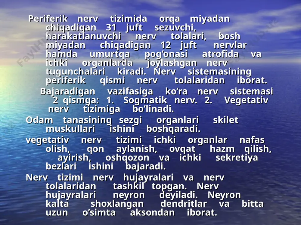 adi. shartli reflekslar usuli. bosh miya biotoklarini yozib olish usuli. bosh miyada qon aylanishi va moddalar almashishini tekshirish usuli. bosh miyani bevosita kuchsiz elektron yoki kimyoviy moddalar bilan ta’sirlash usuli. miyaning turli qismlarini olib tashlash usuli. refleks- tashqi va ichki muhit ta’siriga organizmning javob reaksiyasi. shartli va shartsiz reflekslar mavjud. shartli reflekslar tug’madir. masalan; ovqatlanish,yutish, chaqaloqning emishi, hazm qilish, siydik haydash, nafas olish, qon aylanish va h.k.z. bu reflekslar doimiy bo’lib, nasldan - naslga o’tadi. shartli reflekslar -odam hayoti davomida hosil bo’lib ular tarbiya, bilim olish, hunar o’rganish va boshqa hayotiy tajribalar asosida yuzaga keladi. shartli reflekslar so’nishi mumkin. emish- ovqat yeyish bilan almashishi mumkin. refleks bosib o’tgan yo’l reflektor yoyi deyiladi: retseptor- nerv uchi markazda intilovchi nerv markazlari (orqa yoki bosh miyalar) markazdan qochuvchi nerv. retseptorlar: ekstro, intro retseptorlar pregrioretseptorlar- muskullar paylarda joylagan retseptorlar. shartli reflekslar- birinchi tartib shartli reflekslar –shartli ta’sirlovchini shartsiz ta’sirlovchi bilan mustahkamlab xosil qilingan shartli …