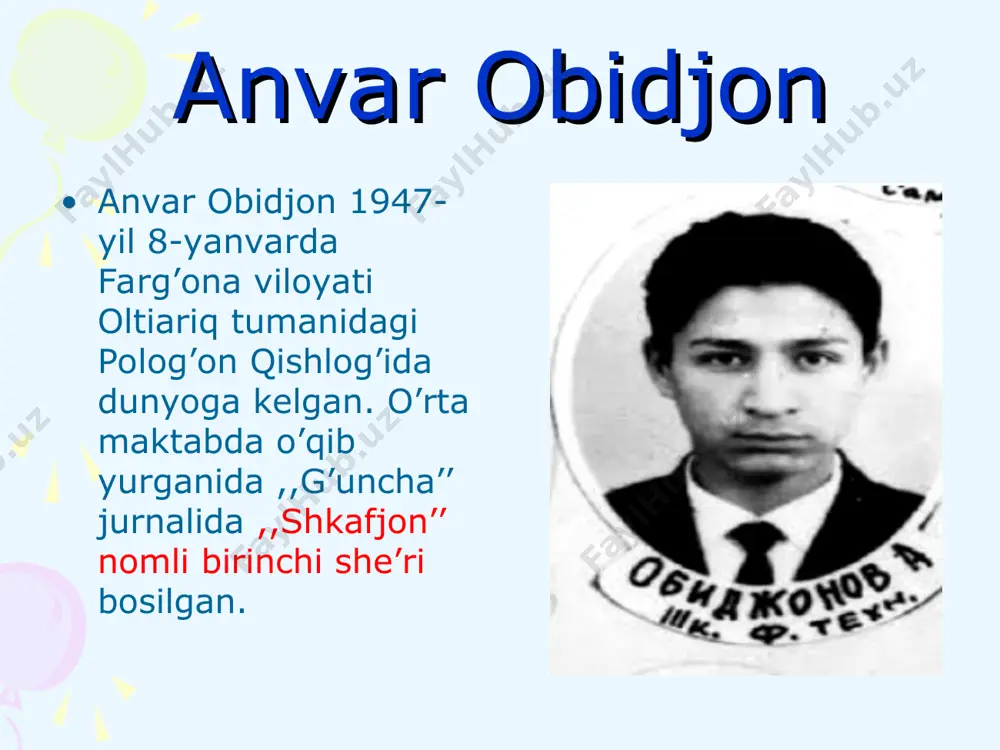 anj, qo’rqoqni… paq-puq. kalamushlar kemasida ostki qismim yemangiz, cho’kib ketar kemangiz. burgutlar darsi tutdik to’rtta qarqunoq, yarmin yedik juftmi toq. maymunlar televizorda ko’rsatamiz bananni, yalamanglar ekranni. parvarda tug’ilgandi bo’richa sakkizinchi yanvarda. bugun bir yil to’libdi, adashmasa agarda. va’da qildi oyisi unga quyon go’shtini. va’da qildi dadasi, unga kiyik to’shtini. bilmasa ham yosh bo’ri dunyoning keng-torligin, eshitgandi dunyoda- shirinliklar borligin. injiqlandi u birdan: sovg’a qiling pavarda, hech bo’lmasa yeb ko’ray sakkizinchi yanvarda. taskin berdi oyisi: bolam adir do’konmas. dadasi der: shaharga borib kelmoq osonmas. fursat poylab erkatoy, chiqdiyu g’or uyidan, shahar tomon yugurdi chopqir anhor bo’yidan. chiroqlarga angrayib, tushib borgan choq pastga, uni ushlab shaharda qamadilar qafasga. endi uni yosh qari qilar har kun tomosha, u termilar adirga, baland, baland tom osha. …yillar o’tib oradan, sakkizinchi yanvarda, bir qiz yuvvosh bo’riga tashlab o’tdi parvarda. jo’ja yorib chiqdim tuxumni, shunday shovvoz jo’jaman, tanib oldim buvimni, ko’zi charos jo’jaman. qarang dunyo yop-yorug’, opalarim …