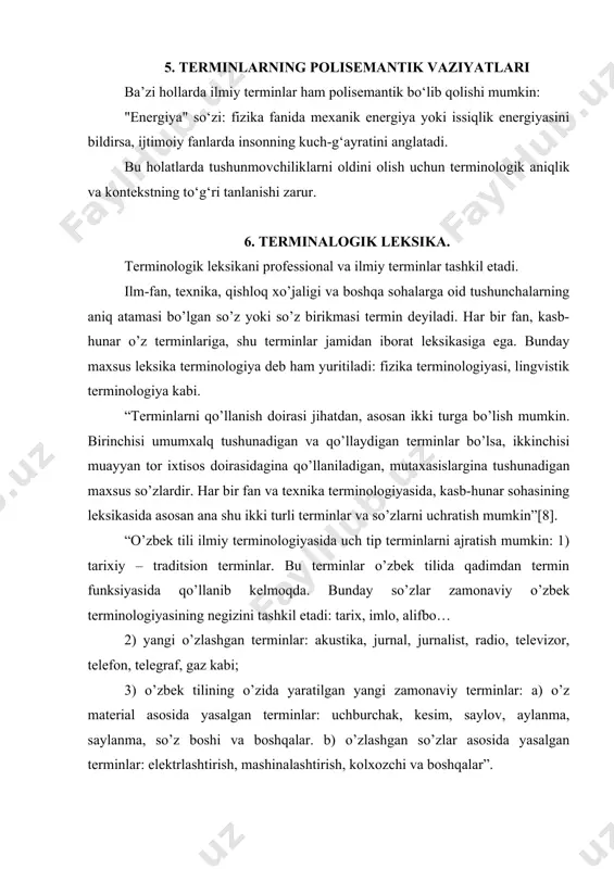 lik, poyabzaldo’zlik, naqqoshlik, kashtachilik va shu kabi sohalarga oid tushunchalar, o’zlariga xos so’zlar (terminlar) bilan ifodalanadi. ma’lum kasb – hunarga va mutaxassislikga oid monosemantik so’zlar professional terminlar sanaladi. ilmiy terminlar fan, san’at va adabiyot va boshqa sohalarga oid terminlar. har bir fan o’ziga xos terminlarga ega. ilmiy terminlarning ba’zi turlaridan misollar keltiramiz: tilshunoslik terminlari: fonema, fonetika, urg’u, bo’g’in, reduksiya, leksika, semantika, frazeologiya, grammatika, morfologiya, sintaksis, ega, kesim, aniqlovchi, xol. adabiyotshunoslik terminlari: sifatdosh, o’xshatish, mubolag’a, jonlantirish, roman, hikoya, aruz, g’azal. tarixshunoslik terminlari: jamiyat, feodalizm, kommunizm, urug’, qabila, elat, millat, davlat. matematika terminlar: kub, kvadrat, minus, yechim, miqdor. shu kabi boshqa bir qancha sohalarga oid terminlar mavjud. jargonlar va argonlar – biror argo yoki jargonga xos leksemalar. agro va jargonlar biror ijtimoiy guruh yoki toifalarning, masalan, sportchilar, o’g’rilar, olibsotarlar, poraxo’rlar va boshqalarning “yasama tili”dir. shuning uchun argo va jargonlar ijtimoiy dialektlar deb ham yuritiladi. argotizmlar yashirin ma’no ifodalaydi. masalan, otarchilar orasida – …