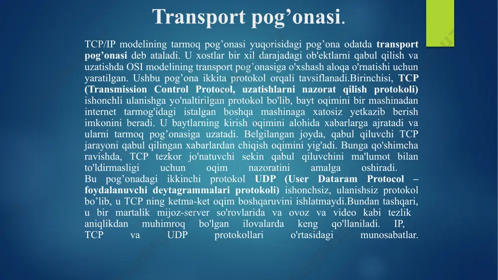 tarmoq sathi har bir paketni oxiridan oxirigacha etkazib berishni boshqarar ekan, ushbu paketlar o'rtasida hech qanday aloqani tan olmaydi. xabarning to'liq etib borishi ushbu qatlam tomonidan ta'minlanadi. 5-seans qatlami. ulanishni o'rnatish, texnik xizmat ko'rsatish, sinxronizatsiya va ulanishni to'xtatish ushbu qatlam uchun javobgardir. ushbu qatlam shuningdek ulanish va autentifikatsiya xavfsizligini ta'minlaydi. 6-taqdimot qatlami. taqdimot qatlami aloqa qiluvchi mashinalarning to'g'ri ishlashini ta'minlaydi. qabul qiluvchilar tomonidan olingan ma'lumotlar tushunarli bo'lishi kerak va bu qatlam uchun javobgardir. agar aloqada bo'lgan ikki foydalanuvchi o'rtasida sintaksis boshqacha bo'lsa, u holda bu qatlam tarjimon sifatida ishlaydi. 7-amaliy qatlami. osi modelining eng yuqori darajasida ushbu qatlam tarmoq dasturi tomonidan amalga oshiriladi. ushbu qatlam foydalanuvchiga tarmoqqa kirishga imkon beradi. tarmoq orqali uzatilishi kerak bo'lgan ma'lumotlar ushbu dasturlar tomonidan ishlab chiqariladi. ui (foydalanuvchi interfeysi) va elektron pochta va fayllarga masofadan kirishni boshqarish kabi xizmatlarga xizmat ko'rsatish ushbu qatlam orqali amalga oshiriladi. концентратор (hub) - bu tarmoq qurilmalarini segmentlarga birlashtirish uchun …