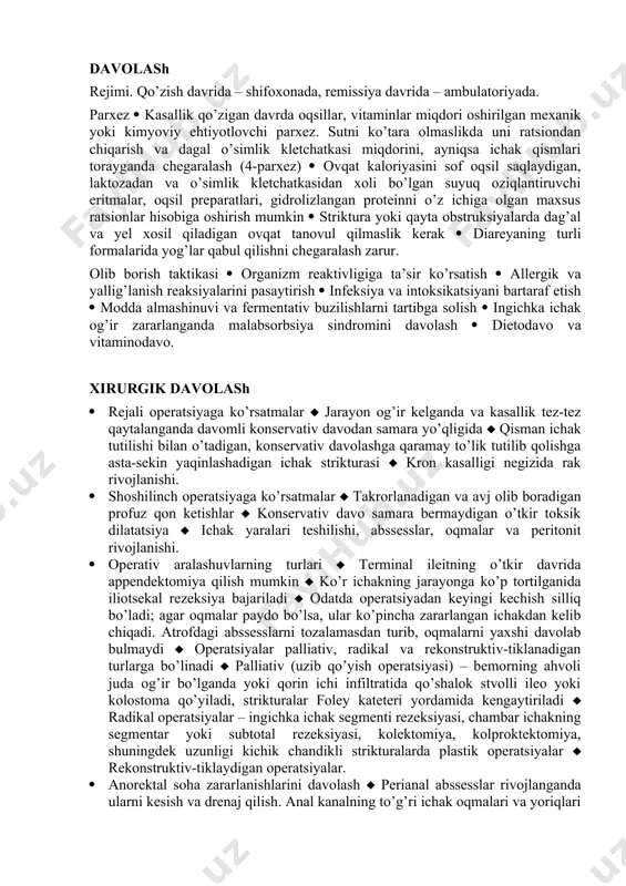 g’riqlar (ko’pincha uning o’ng yarmida) kuzatiladi ( o’rtacha o’tkir ( yarali zararlanishlar soni ko’payadi, granulyomalar va ichakning segmentar stenozi paydo bo’ladi ( shu sababli og’riqlar to’lqinsimon xarakterga o’tadi ( ichak tutilishi belgilari bo’lishi mumkin ( surunkali ( sklerotik jarayonni ichak devoriga tarqalishi davom etadi va asoratlar rivojlanadi. laborator diagnostikasi (nospesifik) ( qon analizi: anemiya, echt ko’payishi, gipoproteinemiya, elektrolit buzilishlari, folat kislota, v12 va d vitaminlari miqdori pastligi ( xazm va so’rilish buzilganda koprologik tekshirishda steatoreya, amiloreya va kreatoreya aniqlanadi. maxsus tekshiruvlar · fegds ( oiy yukori bo’limlarining zararlanishini aniqlashga imkon beradi. oshqozonda patalogik jarayonning joylashuvi kron kasalligi hamma hollarining 1-1,5%ni tashkil qiladi ( oshqozon antral bo’limining alohida zararlanishi yoki oshqozon va o’n ikki barmoq ichak boshlang’ich bo’limining birgalikda zararlanishi juda xarakterli ( ko’pincha oshqozon jarayonga ichak zararlanishining terminal bosqichida qo’shiladi. · rektoromanoskopiya patologik jarayonga qo’shilgan to’g’ri ichakda o’zgarishlar borligini aniqlashga yordam beradi (50 % xollarda). · kolonoskopiya butun yo’g’on ichak …