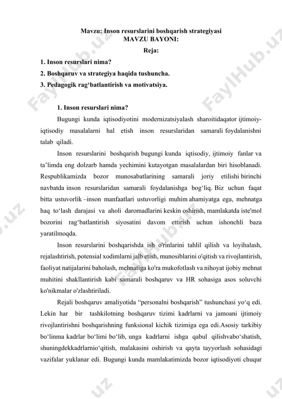 kkadrlarnio‘qitish, malakasini oshirish va qayta tayyorlash sohasidagi vazifalar yuklanar edi. bugungi kunda mamlakatimizda bozor iqtisodiyoti chuqur ildiz otib borayotgan davrda «kadrlar tayyorlash bo‘yicha milliy dasturi»ga muvofiq bir qator yangi talablar yuzaga keldi. ular ichida eng muhimlari: ijtimoiy–psixologik diagnostika; guruhlarda o‘zaro shaxsiy munosabatlarni, rahbarlik munosabatlarini tahlil qilish va tartibga solish, ishlab chiqarish va ijtimoiy ixtiloflarni hamda stresslarni boshqarish; kadrlarni boshqarish tizimini axborot bilan ta’minlash; bandlikni boshqarish; bo‘sh (vakant) lavozimlarga nomzodlarni baholash va xodimlarga bo‘lgan ehtiyojlarni tahlil qilish; kadrlar marketingi; xizmat martabasini rejalashtirish va ijtimoiy psixologik moslashuvi (ko‘nikishi); mehnat jarayonidagi motivlar va sabablarniboshqarish; mehnat–huquqiy munosabatlar masalalari; mehnat psixofizologiyasi, ergonomikasi va mehnat estetikasidan iboratdir. agar ma’muriy–buyruqbozlik tizimi sharoitida bu vazifalar ikkinchi darajali vazifalar deb qaralgan bo‘lsa, bozor munosabatlariga o‘tish sharoitida ular birinchi o‘ringa chiqarildi va ularni hal qilishdan har bir korxona manfaatdordir.hozirgi vaqtda korxona va tashkilot personalini boshqarish konsepsiyasi asosini xodim shaxsiy rolining ortib borayotganligi, uning asosiy yo‘l–yo‘riqlarni bilishi, ularni shakllantira olishi, korxona …