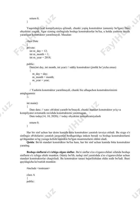 iriladi. bu konstruktor tanasi bajarilishidan oldin sodir bo'ladi. buni quyidagicha ko'rsatish mumkin: #include class a { public: a() { std::cout << "a\n"; } }; class b { private: a m_a; // b a'zo o'zgaruvchi sifatida a ni o'z ichiga oladi public: b() { std::cout << "b\n"; } }; int main() { b b; return 0; } dasturni bajarish natijasi: a b b o'zgaruvchisi yaratilganda, b () konstruktori chaqiriladi. konstruktor tanasi bajarilishidan oldin m_a a sinfining standart konstruktorini chaqirib initsializatsiyalanadi. bu a xulosasini beradi, keyin boshqaruv b konstruktoriga qaytadi va b konstruktorining tanasi bajarila boshlaydi. bu yerda mantiqiy, chunki b () konstruktori m_a o'zgaruvchisini ishlatishni xohlashi mumkin, shuning uchun avval m_a ni initsializatsiyalash kerak.