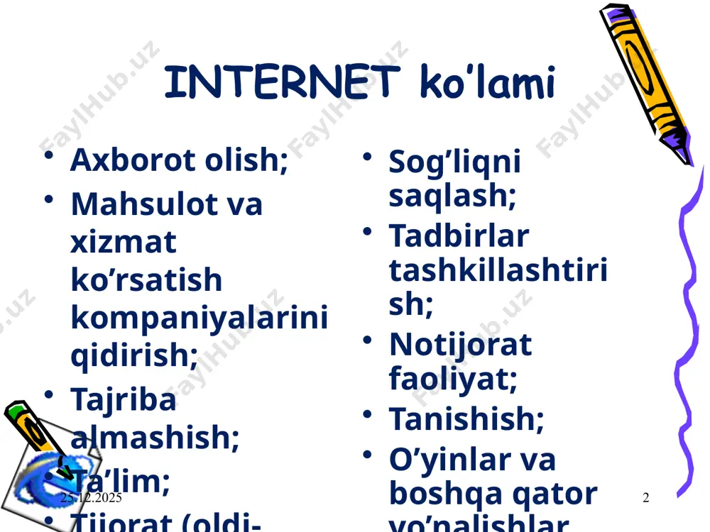 eb sahifaning nomi; - sahifaning bosh qismi; - sahifaning asosiy qismi; 8 21.02.2023 9 oddiy matnlar bilan ishlash 21.02.2023 10 matnni formatlash 21.02.2023 11 matnni formatlash teglari i – (italic) yotiq shrift informatika yoki b – (bold) quyuq shrift informatika yoki u – (underline) tagiga chizilgan shrift informatika 21.02.2023 12 abzatsni formatlash 21.02.2023 13 - yangi abzats 21.02.2023 14 - yangi qator hosil qilish 21.02.2023 15 align atributi – abzatsni tekislash 21.02.2023 16 abzatsni tekislash - abzatsni ekranning chap chegarasiga nisbatan tekislaydi. - abzatsni ekranning markaziga nisbatan tekislaydi. - abzatsni ekranning o’ng chegarasiga nisbatan tekislaydi. - abzatsni ekranning har ikki chegarasiga nisbatan tekislaydi. 21.02.2023 17 shriftlar bilan ishlash garnitura: o’lcham: 1 avto qo’yiladigani: size=3 21.02.2023 18 shrift o’lchamlaridan namunalar 21.02.2023 19 sarlavhalar turlari 21.02.2023 20 ro’yxatlar tashkil etish нодир; наргиза; наримон. нодир; наргиза; наримон. ro’yxatlarning turlari 21.02.2023 22 maxsus belgilar ketma-ketligi qo’shtirnoq 1)«» - &laquo; va &raquo; 2) „“ - …
