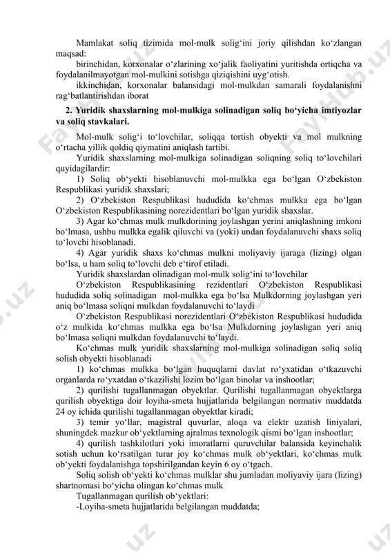 ilotlar balansidagi asosiy ishlab chiqarish fondlarining dastlabki qiymati bo‘yicha soliqqa tortish ob‘yekti etib belgilandi. soliq asosiy vositalar dastlabki qiymatidan undirilishiga o‘tilishi o‘sha yillarda kuzatilgan yuqori darajadagi inflyatsiya sur’atlari hisoblanadi. yuqori darajadagi inflyatsiya sur’ati mulklar qiymatining bozor qiymati o‘rtasidagi tafovutning vujudga kelishi va uning yildan-yilga oshib borishi sabab bo‘ladi. buning natijasida ulardan undiriladigan soliq hech qanday ta‘sir doirasiga ega bo‘lmay qoladi. xo‘jalik faoliyatini amalga oshiruvchi korxonalar 1997-yilgacha alohida mol-mulk solig‘ini va transport vositalari uchun soliqni to‘lardilar. bunda korxona balansida turuvchi asosiy ishlab chiqarish fondlarining balans (eskirish hisobga olinmagan) qiymati soliq ob‘yekti hisoblanardi. soliqlarni unifikatsiyalash qoidasiga asosan 1997-yildan boshlab yuqoridagi ikkita soliq o‘rniga yagona – korxonalar mol-mulk solig‘i undirila boshlandi. o‘zbekiston respublikasida soliq kodeksining qabul qilinishi mulk solig‘ini yanada takomillashishida muhim omil bo‘ldi. soliq kodeksi qabul qilinishi bilan korxonalar mol-mulk solig‘ini undirish tartibini belgilab beruvchi yo‘riqnoma o‘zbekiston respublikasi moliya vazirligi va davlat soliq qo‘mitasining 1997-yil 10-noyabrdagi 34g‘97-90 son qarori bilan «yuridik shaxslar …