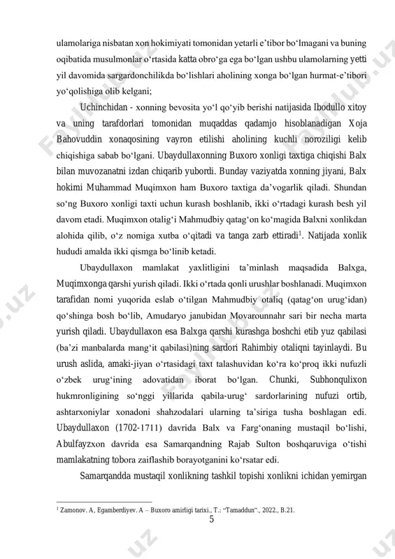 ikki o‘rtada qonli urushlar boshlanadi. muqimxon tarafidan nomi yuqorida eslab o‘tilgan mahmudbiy otaliq (qatag‘on urug‘idan) qo‘shinga bosh bo‘lib, amudaryo janubidan movarounnahr sari bir necha marta yurish qiladi. ubaydullaxon esa balxga qarshi kurashga boshchi etib yuz qabilasi (ba’zi manbalarda mang‘it qabilasi)ning sardori rahimbiy otaliqni tayinlaydi. bu urush aslida, amaki-jiyan o‘rtasidagi taxt talashuvidan ko‘ra ko‘proq ikki nufuzli o‘zbek urug‘ining adovatidan iborat bo‘lgan. chunki, subhonqulixon hukmronligining so‘nggi yillarida qabila-urug‘ sardorlarining nufuzi ortib, ashtarxoniylar xonadoni shahzodalari ularning ta’siriga tusha boshlagan edi. ubaydullaxon (1702-1711) davrida balx va farg‘onaning mustaqil bo‘lishi, abulfayzxon davrida esa samarqandning rajab sulton boshqaruviga o‘tishi mamlakatning tobora zaiflashib borayotganini ko‘rsatar edi. samarqandda mustaqil xonlikning tashkil topishi xonlikni ichidan yemirgan 1 zamonov. a, egamberdiyev. a – buxoro amirligi tarixi., t.: “tamaddun”., 2022., b.21. 6 eng katta omillardan biri bo‘ldi. 1722-yilda kenagas urug‘ining sardori ibrohimbiy xonga qarshi chiqib, samarqandda kuyovi rajab sultonni xon deb e’lon qiladi. rajab sulton 1723-yil buxoroga yurish qilib mag‘lubiyatga uchraydi. …