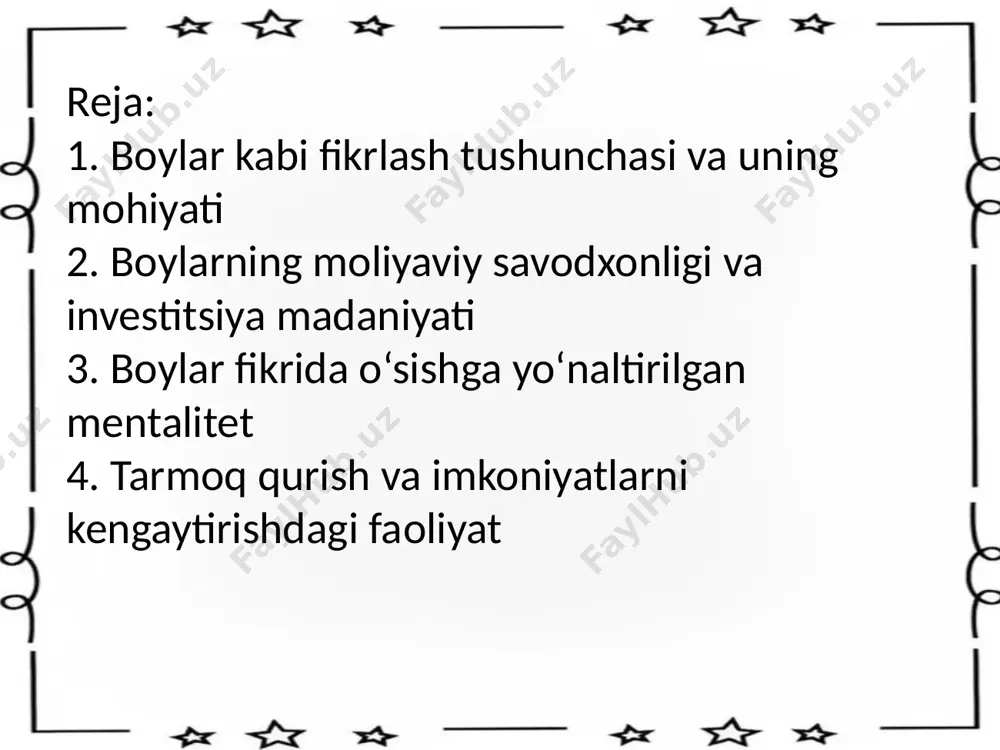 iyati moliyaviy savodxonlik — bu shaxsning moliyaviy tushunchalarni bilishi, o‘z daromad va xarajatlarini boshqarish qobiliyati, investitsiya imkoniyatlarini baholay olishi hamda moliyaviy xavflarni boshqarish mahoratidir (oecd, 2016). boylar uchun moliyaviy savodxonlik oddiy bilim emas, balki kundalik qarorlar asosidagi strategik yondashuv hisoblanadi. boylar pulni sarflashdan ko‘ra, uni ko‘paytirish yo‘llarini izlaydi. ular "pul men uchun ishlasin" degan tamoyilga amal qiladi. bu prinsip robert kiyosaki va boshqa moliyaviy psixologlar tomonidan keng yoritilgan. ularning fikricha, boylar o‘z daromadlarini asosan aktivlar — ya’ni foyda keltiruvchi vositalar (ko‘chmas mulk, aksiyalar, bizneslar) orqali shakllantiradi, xarajatlarini esa imkon qadar minimal darajada ushlab turadi. moliyaviy savodxonlik quyidagi jihatlarni o‘z ichiga oladi: byudjet tuzish va xarajatlarni rejalashtirish; daromad manbalarini diversifikatsiya qilish (ko‘p manbali daromad); kredit va qarzlar bilan to‘g‘ri ishlash; investitsiya risklarini tahlil qilish va boshqarish; moliyaviy rejalashtirish va uzoq muddatli maqsadlar belgilash. investitsiya madaniyati esa shaxsning o‘z moliyaviy resurslarini uzoq muddatli, samarali va ongli ravishda moliyaviy vositalarga yo‘naltirishini anglatadi. boylar …