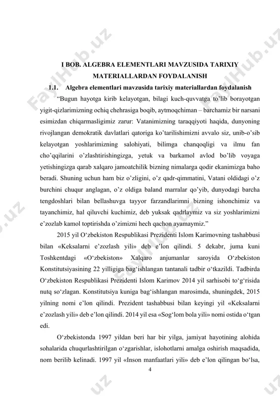 lim-tarbiya tizimini isloh etish borasida amalga oshirilgan keng ko’lamli chora-tadbirlar haqida so’z borar ekan, o’sib kelayotgan yosh avlodning xorijiy tillarni o’zlashtirish darajasini oshirishga qaratilgan ishlarni alohida qayd etmoqchiman. jahonda integrasiya jarayonlari kuchayib, kundalik hayotga kompyuter texnologiyalari va internet keng joriy etilayotgan bugungi sharoitda chet tillarni puxta bilmasdan va egallamasdan turib kelajakni qurib bo’lmasligini barchamiz yaxshi anglab olmoqdamiz.” bugungi kunda o’zbekiston aholisining 60 foizdan ortig’ini yoshlar tashkil etadi. shuning uchun ham mamlakatimizda amalga oshirilayotgan barcha ijobiy o’zgarishlar zamirida har tomonlama barkamol – jismonan sog’lom, aqlan yetuk, nafaqat ko’plab bilimlarni, hozirgi davrda talab katta bo’lgan kasb-hunarlarni egallagan, ayni paytda, mustaqil va ijodiy fikrlashga qodir, intellektual salohiyati yuksak yosh avlod to’g’risida g’amxo’rlik qilishdek ustuvor maqsad mujassam ekani tabiiydir. davlatimiz rahbari ta’kidlaganidek, oldimizda turgan eng ezgu maqsadlarimiz – mamlakatimizning buyuk kelajagi ham, ertangi kunimiz, erkin va farovon hayotimiz ham, o’zbekistonning xxi asrda jahon hamjamiyatidan qanday o’rin egallashi ham – bularning barcha-barchasi, avvalambor, yangi avlod, …