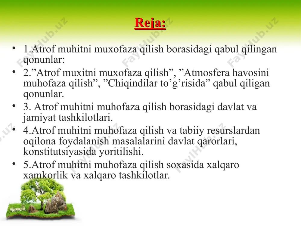 ekologik-gegienik me’yorlar va himoya vositalari hamda tadbirlarini ishlab chiqardi, atrof-muhit sifati me’yorlarini tasdiqlaydi. aholi yashaydigan joylarda atmosfera havosini va ichimlik suvini ifloslantiruvchi moddalarni aniqlash usullarini ishlab chiqaradi, ifloslantiruvchi moddalar uchun ruxsat etilgan chegaraviy konsentrasiyalarning sanitariya me’yorlarini tasdiqlaydi. turar joy uylari qurilishida yo’l qo’yiladigan shovqin darajasi, infratovush va past chastotali shovqinlarining yo’l qo’yiladigan darajasini belgilaydi. 5. respublika makroiqtisodiyot va statistika vazirligi. atrof-muhit holatini qisqa muddatli va uzoq muddatli bashoratlarini tuzadi, shuningdek, harajatlar va tabiatni muhofaza qilish tadbirlari bo’yicha barcha axborotlarni umumlashtiradi. 6. respublika gidrometeorologiya va tabiiy muhitni nazorat qilish davlat qo’mitasi. atmosfera havosini muhofaza qilinadigan chora-tadbirlarini kerakli davlat muassasalari bilan kelshish, ekspertizadan o’tkazish va loyiha bo’yicha atmosfera havosiga ifloslantiruvchi moddalarni chiqarishiga ruxsatnomalar beradi, iqlim o’zgarishini bashorat qiladi, korxona va muassasalarning atmosfera havosidagi chiqindilardagi zararli va zaharli moddalar konsentrasiyalarini hisoblash usullarni ishlab chiqadi. 7. respublika tabiatni muhofaza qilish davlat qo’mitasi. respublikada tabiatni muhofaza qilish, tabiiy zahiralaridan unumli foydalanish va qayta ishlab chiqarish …