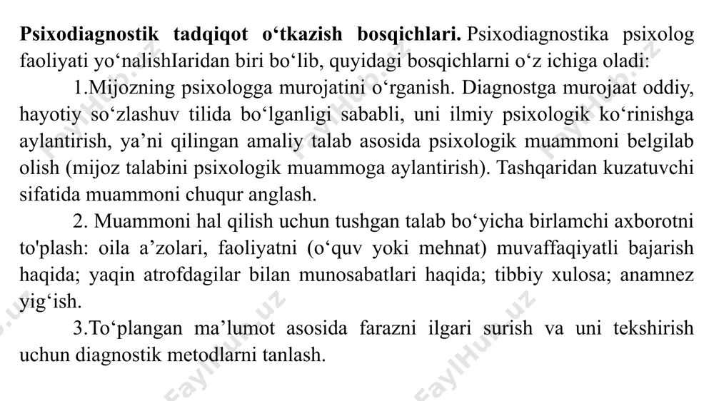 lanadi (3-bosqich). farazni tekshirish uchun diagnostik tadqiqot o‘tkaziladi (4- bosqich). qoiga kiritilgan ma’lumotlar asosida farazning to‘g‘ri ekanligi va intizom buzilishining sababi o‘quvchining shaxslararo munosabatlarda past mavqeni egallaganligi haqida xulosa chiqariladi (5- bosqtch). suhbat jarayonida o'quvchining harbiy sohaga bo‘lgan qiziqishlari aniqianganligi sababli sport seksiyasiga va harbiy vatanparvarlik klubiga a’zo bo‘lish tavsiya qilinadi (6-bosqich). shuningdek, o‘quvchining o‘ziga bo'lgan ishonchini oshirish uchun guruhiy treninglar shaklida psixokorreksion ishlar olib borilishi zarurligi tavsiya qilinadi. 4 test o‘tkazish sharoitini tayyorlash. fan va texnikada diagnostikaning juda ko‘p turlari bor. masalan: tibbiyot diagnostikasi kasalning kelib chiqishini o‘rganadi va aniqlaydi; texnik diagnostika – har xil texnika sistemalari, elektron hisoblash mashinalari, kompyuterlarning salbiy xususiyatlarini aniqlab, ularni bartaraf qilishni o‘rgatadi; sport diagnostikasi – jismoniy jarayonlarning o‘zgarish holatlarini o‘rganadi va aniqlaydi; psixologik diagnostika – shaxs guruhlarning psixik xususiyatlari, holatlari va taraqqiyot ko‘rsatkichlarini aniqlab, sifatli va miqdoriy jihatdan o‘lchab beradi. test o’tkazish sharoitini tayorlashda quyudagilarga e’tibor qaratish kerak:  tadqiqot o tkazish joyi …