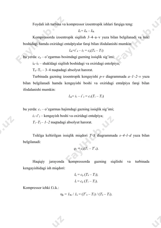 atgacha soviydi va k2 kompressorga kelib tushadi, k2 da yana siqiladi harorati t4 gacha oshadi. r regeneratorda harorati t5 gacha oshgan havo yonish kamerasiga kelib tushadi. u yerdan kerakli bosim va harorat olgach, turbinaga tushadi ish bajarib, yana regenerator orqali atmosferaga chiqarib yuboriladi. bu qurilma ichki f.i.k: (0 = 11/qsov, bu yerda: 11 – gtq ichki foydali ishi; qsov–yonish kamerasiga uzatilgan issiqlik miqdori. li = lt – lk1+k2 jarayonning t–s-diagrammasi 37 – rasmda ko’rsatilgan. 37–rasm. havoni pog’onali siqishli gaz turbina qurilmasining t–s-diagrammasi. 3–4*– birinchi kompressorda havoning siqilish jarayoni: 3*–4– ikkinchi kompressorda havoning siqilishi; 4*–3* –havo sovitgichida havoning sovushi; 4–5 –regeneratorda havoning qizishi; 5–1 –yonish kamerasida issiqlik uzatilishi; 1–2 –turbinada havoning kamayishi; 2–3 –ishlatilgan havoning regeneratorga uzatilishi va atmosferaga chiqarilishdagi issiqlik almashinuvi. bu tsikl regeneratsiyadagi tsiklga nisbatan ko’proq samara beradi. oraliq sovitgichlari o’rnatilishi qurilma f.i.k. oshishiga va ishlovchi gaz miqdorini kamaytirishga olib keladi. gtq iqtisodiy samaradorligini oshirish oraliq pog’onalardagi yonish kameralarida …