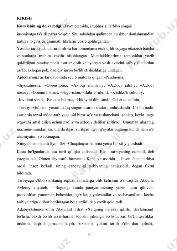 ng barcha g‘oyaviy to‘liqligi, ta‘lim-tarbiya tizimiga va tushunchalariga doir fikrlarning ilmiy-nazariy asoslanganligi yuqoridagi bo‘lgan fikrlarimiz dalilidir. shuningdek, abdulla avloniy ijodiy merosi bilan ilk darsliklarning mukammal yaratuvchisi sifatida ham gavdalanganligi, asarlaridagi ta‘lim va tarbiyaga doir tushunchalarning, g‘oyaviy-badiiy mushohadalarning tadqiq qilinganligi, qolaversa, mavzuning dolzarbligi ma‘rifatparvar adib, serqirra ijodkor abdulla avloniyning ijodida bugungi kunning eng muhim masalasi-ta‘lim. toshkand emas, toshqand erur, kesaklari gulqand erur‖, deya bolalarda ona diyorga katta mehr uyg`otishga erishadi. ma`rifatchilik va ijtimoiy mavzu avloniy she`riyatida markaziy o`rin egallaydi. shoir ilm-fanning fazilatlarini zavq bilan kuylaydi. ―maktab‖, ―maorif‖, ―ilm‖, ―fan‖ kabi tushunchalar shoir she`rlarida ezgulikning betim-sol ramzi, obrazi darajasiga ko`tariladi, ―jaholat‖ va ―nodonlik‖ esa zulmat va yovuzlik timsoli sifatida talqin qilinadi. abdulla avloniyning ―muxtasar tarixi anbiyo va tarixi islom‖ asari ham mavjud. ushbu asar boshlang`ich maktablarning o`quvchilariga mo`ljallangan. bu asar birinchi marta 1910-yilda munavvarqori tomonidan toshkentda ilm bosmaxonasida bosilgan. mustaqillik yillarida esa zokirxon afzalov shokirxon o`g`li tomonidan 1994-yilda ―fan‖ nashriyotida chopetilgan. risolada …