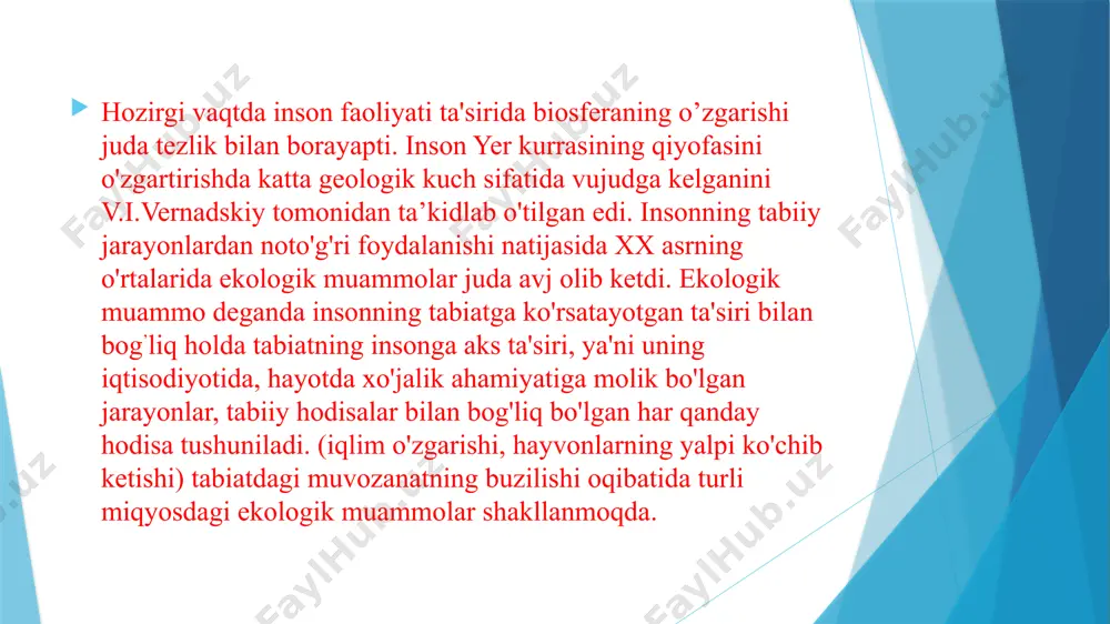 r atmosferada etarli miqdorda ozon to'planishiga imkon bermayapti. pestitsidlardan foydalanish muammosi. ushbu zaxarli kimyoviy moddalar guruhiga begona o'tlar, zararkunanda hashoratlar, o'simliklarda kasalliklarni keltirib chiqaruvchi mikroorganizmlarga qarshi kurashda foydalaniladi. pestitsidlardan qishloq xo'jaligida o’rmonchiliklarda, aviatsiadan foydalanish keng ko'lamda atrof-muhitning ifloslanishiga olib keladi. pestitsidlar atmosferada uzoq masofalarga tarqalishi shuningdek suv orqali dala, daryo, ko'llardan o'tib dunyo okeanlarida to'planadi. eng xavfli joyi shundaki ular ekologik oziq zanjiriga, qo'shilib ketmoqda. ular tuproq va suvlardan o'simliklarga undan hayvonlar va odam organizmiga o'tadi. pestitsidlar har bir bo'g'inda zararli va ziyon keltiradi. pestitsidlarning zaharli ta'sirini oldini olish uchun quyidagi chora tadbirlarga amal qilish lozim. yer kurrasi quruqligining 40 mln km.kv maydoni qurg'oqchilik mintaqasi bo"lib, dunyo aholisining 15% dan ortig'i ushbu hududga mujassamlashgan qishloq xo'jaligining tezkor rivojlanishi, sug'oriladigan yerlar va yaylovlardan noto'g"ri foydalanish oqibatida, o'rmonlarning betartib kesilishi natijasida cho'llanish darajasi yil sayin ortmoqda. inson ta'sirida vujudga kelgan cho'llar 9,1 mln. km. kv.ga etdi. hozir sayyoramizda yiliga 6 mln.ga yer …