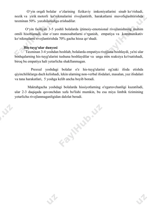 nikmalarni rivojlantirishda 70% gacha hissa qo‘shadi. his-tuyg‘ular dunyosi taxminan 3-4 yoshdan boshlab, bolalarda empatiya rivojlana boshlaydi, ya'ni ular boshqalarning his-tuyg'ularini tushuna boshlaydilar va unga mos reaksiya ko'rsatishadi, biroq bu empatiya hali yetarlicha shakllanmagan. presxul yoshdagi bolalar o'z his-tuyg'ularini og'zaki ifoda etishda qiyinchiliklarga duch kelishadi, lekin ularning non-verbal ifodalari, masalan, yuz ifodalari va tana harakatlari, 5 yoshga kelib ancha boyib boradi. maktabgacha yoshdagi bolalarda hissiyotlarning o'zgaruvchanligi kuzatiladi, ular 2-3 daqiqada quvonchdan xafa bo'lishi mumkin, bu esa miya limbik tizimining yetarlicha rivojlanmaganligidan dalolat beradi. 📌xulosa мактабгача ёшдаги болаларнинг психикаси тез ривожланиш, ўйин орқали ўрганиш, тақлидчилик, мустақилликка интилиш ва эмоционал сезувчанлик билан характерланади. уларнинг шахси шаклланишида оила ва муҳитнинг роли беқиёсдир. 📚foydalanilgan adabiyotlar 1. berk, l. e. (2018). bolalik va o’smirlik psixologiyasi. toshkent: [nashriyot nomi]. 2. papalia, d. e., olds, s. w., feldman, r. d. (2019). bolalik va o’smirlik rivojlanishi. toshkent: [nashriyot nomi]. 3. sigmund, f. (2017). bolalik xotiralari. toshkent: [nashriyot nomi]