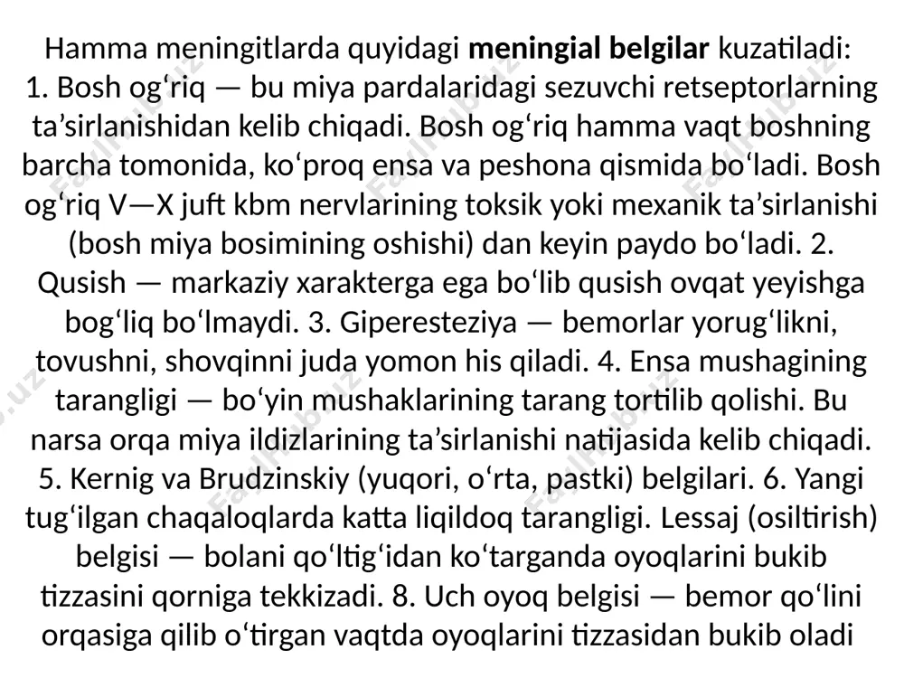 ta- rilgan, ishtahasi yo‘qolgan bo‘ladi. ba’zi bemorlarning oshqozon-ichak yo‘llarida buzilish bo‘lib, jigar va taloq kattalashadi, siydikda oqsil va silindrlar ko‘p miqdorda ajralib chiqadi. yosh bolalarda sababsiz bezovtalik, qichqirib yig‘lash, tana haroratini ko‘tarilishi, ich qotish meningitning asosiy belgilari hisoblanadi. qon tarkibida leykotsitoz neytrofillar hisobiga ko‘paygan, echt tezlashgan bo‘ladi. orqa miya suyuqligida bosim oshgan, rangi loyqa, sariq-ko‘k rangda, oqsil 0,66 dan 6 g/l gacha va undan ham yuqori bo‘ladi. pandi, nonne- apelt reaksiyasi musbat, sitoz 1000—10000 gacha 1 mm3, shundan neytrofillar 80—100 % ni tashkil etadi. davosi. bemorni tezda shifoxonaga yotqizib davolash zarur. birinchi kundan boshlab penitsillinni bolalarga 400—500 tb/kg har 3—4 soatda mushak orasiga, kattalarga 18—24 mln tb dan kuniga har 4 soatda mushak orasiga, 5—7 kungacha qilinadi. levomitsitin suksinat 100 mg/kg kuniga 4 mahal 7—10 kun, seporin 1 g dan har 6 soatda mushak orasiga qilinadi. sulfamonometoksin birinchi kuni 2 ta tabletkadan 2 mahal, ikkinchi kundan boshlab 2 ta tabletkadan …