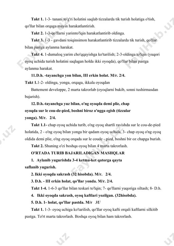 siltash; 8- d.h. 4. ikki oyoqda sakrash, oyoq kaftlari yozilgan. (32hisobda). 5. d.h. 1- holat, qo'ilar pastda. m/r 3u takt 1. 1-3- oyoq uchiga ko'tarilish, qo'ilar oyoq kafti orqali kaftlarni silkitib pastga. to'rt marta takrorlash. boshqa oyoq bilan ham takrorlash. 6. d.h. - oyoqlar kerilgan, qo'ilar yonda. m/r. 2/4. takt 1. 1 - o'ng qo'hii yonga cho'zish (qo'lni «uzaytirish»),2- d.h. takt 2. takt -1 ni takrorlash. takt 3-4 shuning o'zi chap qo'l bilan. 4-marta takrorlash. 7. d.h. -1 holat, qo'ilar pastda. m/r. 2/4. takt 1. 1- o'ng qo'lni «ichga tortish». 2- d.h. takt 2. takt -1 ni takrorlash. takt 3-4. shuning o'zi chap qo'lda. 4-marta takrorlash. 8. d.h. - oldinga egilish, qo'ilar pastda bo'shashtirilgan, panjalarni silkitish (16 hisobda). 9. d.h. - dumaloq yarim cho'qqayish, qo'ilar oldinda. panja bukilgan (kaftlar oldinga qaragan). m/r - 2/4. takt 1. 1-shiddat bilan o'ng qo'lni oldinga cho'zish. 2-d.h. takt 2. shuning o'zi chap qo'l. takt …