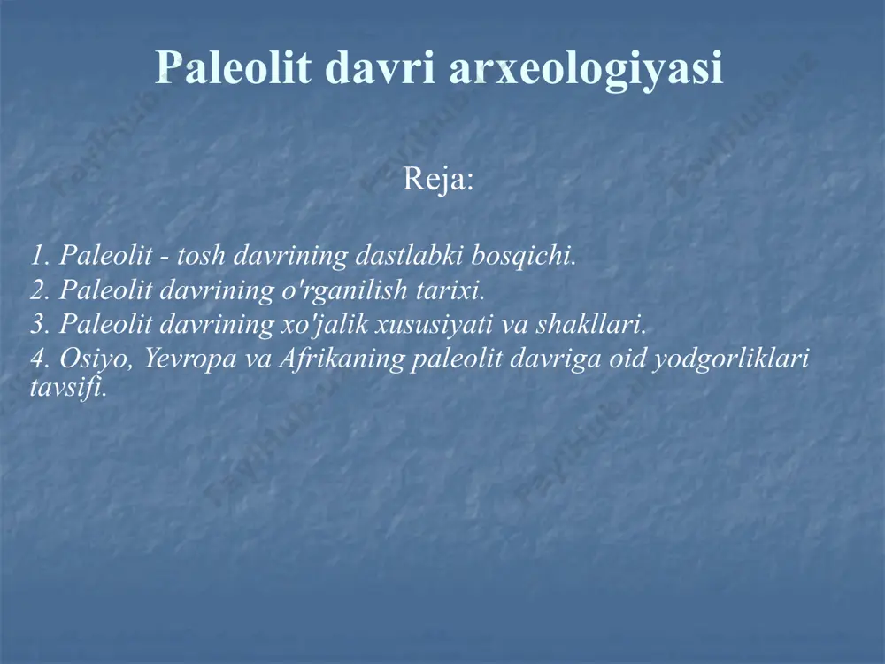 gi odamlar tomonidan mazkur davrda asosiy mehnat qurollari toshdan yasalgan. tosh davri milodgacha iv ming yillikkacha davom etgan. tosh davrida insoniyat rivojlanishining natijasi o’laroq ko’plab yirik kashfiyotlar qilingan. ular sirasiga olovni olish va undan foydalanish, kiyim-kechak tayyorlash, uy-joy qurish, kamonning kashf etilishi, turli mehnat, ov va baliqchilik qurollarining yasalishini alohida ko’rsatib o’tish mumkin. tosh davrining oxiriga kelib odamlar turli idishlar yasashni, mato tayyorlashni o’rganadilar. paleolit davri tosh davrining eng qadimgi davri bo’lib, bundan 3,5 mln.dan 14 ming yillikkacha bo’lgan davr kiradi. paleolit davri o’z navbatida 3 bosqichga bo’linadi: quyi yoki ilk paleolit (3,5 mln. – 150 mingyillik), o’rta paleolit (150 ming yillikdan – 40 ming yillikgacha) va yuqori yoki so’nggi paleolit (40 – 14 ming yilliklar) yunon faylasufi demokrit (mil.av. 460-370) aristotel, mil.avv. i asrning 1-yarmida yashab o’tgan faylasuf lukretsiyning asarlarida ibtidoiy davr odamlarining hayotini tasvirlar ekan, ularni boshpanasiz, kiyim-kechaksiz, olovni bilmay va tartibsiz hayot kechirganliklarini haqida ayrim ma’lumotlar uchraydi. …