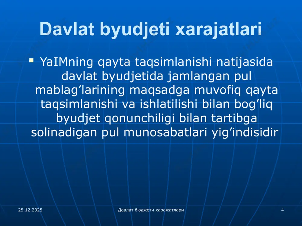 паст ерларда давлат эҳтиёжлари учун қишлоқ хўжалиги маҳсулотлари ишлаб чиқарувчи фермер хўжаликларини молиявий қўллаб-қувватлаш учун мақсадли маблағлар 275,9 0,6 6,1 аҳоли пунктларини ободонлаштириш ишлари 880,1 2,1 19,5 бошқа харажатлар 1521,2 3,7 33,7 06.10.2023 давлат бюджети харажатлари 2005-2015 yillarda investitsiyalar tarkibining o‘zgarishi moliyalashtirish manbalari 2005 2007 2009 2011 2013 2015 davlat budjeti 12,7 9,0 8,1 5,1 4,8 4,4 chet el investitsiyalari 19,2 22,8 32,4 25,3 23,2 22,2 korxonalar va aholi mablag’lari 60,3 59,0 46,9 49,0 46,6 48,5 boshqa manbalar 7,8 9,2 12,6 20,6 25,4 24,9 14 ижтимоий соҳалар деганда қуйидагиларни тушуниш керак: аҳолини ижтимоий ҳимоя қилиш; ижтимоий таъминот; давлат ижтимоий кафолатларини таъминлаш. 06.10.2023 давлат бюджети харажатлари 15 ijtimoiy himoya: o’ziga bog’liq bo’lmagan ravishda ijtimoiy muhofazaga muhtoj fuqarolarga nisbatan ko’rsatiladigan ijtimoiy yordam shakli bo’lib, kam ta’minlangan aholi qatlamlariga ko’rsatiladigan xizmatlar, nafaqalar va imtiyozlarni ko’zda tutadi. 06.10.2023 давлат бюджети харажатлари 16 ijtimoiy ta’minot: fuqarolarning qarilikda, kasallik ro’y berganda, mehnat qobiliyatini vaqtinchalik yoki butunlay …