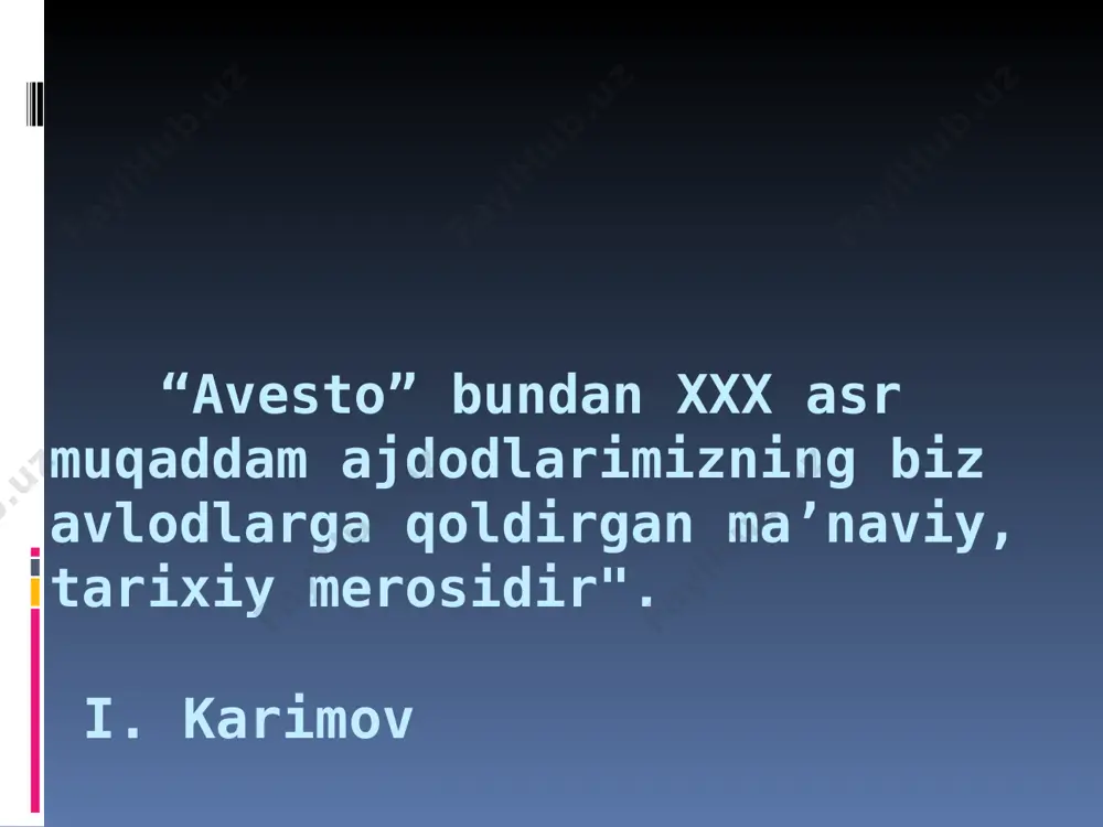 tiga olib , ularni o’ldirib yuboradilar. shuning uchun ham “avesto” ning 3/5 qismi yo’qolib ketdi. lekin, iskandar falsafa, tibbiyot, astronomiyaga tegishli qismini saqlab qolgan. bu qo’lyozmalardan keng foydalanilgan va uni yunon tiliga tarjima qildirgan. "tiriklikka darmon baxsh etguvchi malhamni menga oshkor aylagil. izn bergil, ilohiy kalom va ezgu niyat sening irodangni muvofiq istagan kimsaga yuz ko'rsatsin". yasna iskandarning hukmronligi tugagach, m.a 250-yilda arshaxiylar davrida “avesto” yana yo’qotilgan qismlari tiklangan va yangi matnlar bilan to’ldirilgan. bu voqea eramizdan avvalgi iii asrida sosoniylar podshosi shopur davriga kelib, to’la kitob holiga keltirilgan. eron va turon zaminining arab xalifaligi tomonidan bosib olinganligi sababdan zardushtiylik dini ta’qibga olindi va islom dinini joriy etishga kirishildi. islom dinini qabul qilmaganlar hindistonga qochib ketib shu yerda jon saqlaganlar. ular “avesto”ning bir qismini saqlab kelmoqdalar. “avesto”ning arab tilidagi nusxasi bu kitob birinchi bora 30 ta kitobdan,keyin 21 ta kitobdan iborat edi. bizgacha bu kitobning 4 tasi saqlanib qolgan. bu …