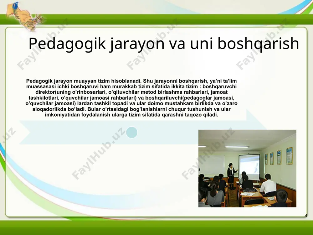 aqinlik, ishchanlik, bir-biri uchun g‘amho‘rlik, o‘zaro yordam, jamoa manfaati uchun qayg‘urish, mazkur yo‘lda amaliy harakatlarni tashkil etish hamda javobgarlik hissi qaror topadi. birgalikdagi faoliyat umumjamiyat ishi uchun ma’suliyat hissini uyg‘ota borib, jamoa a’zolarini bir-biriga yaqinlashtiradi, a’zolarda jamoaga mansublik hissini paydo bo‘lishiga ko‘maklashadi, jamoa bilan munosabatda bo‘lish ehtiyojini oshiradi. jamoa a’zolari orasida o‘zaro hissiy birlik (bir-birini yoqtirish hissi) yuzaga keladi. ushbu munosabat ko‘pincha o‘z-o‘zidan paydo bo‘ladi hamda ular o‘qituvchiik ta’sir ko‘rsatish uchun qo‘l keladi. jamoa a’zolari o‘rtasidagi ruhiy birlik mazmuni ular orasida hosil bo‘lgan ishchanlik faoliyatining harakteriga bevosita bog‘liqdir. 11 jamoaning rasmiy (ishchanlik) va norasmiy (hissiy) tuzilishini bir-biridan farqlash lozim. jamoaning rasmiy tuzilishi deganda jamoa faoliyatining turli ko‘rinishlarini amalga oshirish uchun zarur bo‘ladigan tashkiliy jihatlari ko‘zda tutiladi. mazkur jihat bir tomondan jamoa a’zolari o‘rtasida yuzaga kelgan ishchanlik munosabati mazmunini ifoda etsa, ikkinchi tomondan, rahbarlik vazifasini bajaruvchi shaxslar tomonidan jamoa a’zolarining xatti-harakatlari va intilishlarini muvofiqlashtirish yo‘lida tashkil etilayotgan boshqaruv faoliyati mohiyatini yoritishga …