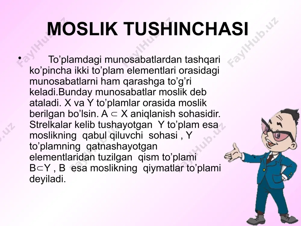 muhokama qilamiz. ta’rif: agar x to’plamdagi r munosabat asimmetrik va tranzitiv bolsa, bunday munosabatni qa’tiy tartib munosabat deyiladi. bu to’plamdagi tartib munosabati bilan birga to’plam tartiblangan to’plam bo’ladi. a= {2, 8, 12, 32} to’plamda kichik munosabatini qaraylik. r: “x y x 2<12 shu to’plamning karrali munosabati bilan ham tartiblash mumkin. r: “x karrali y” “x karrali y ga” karrali munosabatidan ko’rinib turibdiki, r munosabat qa’tiymas tartib munosabatdir. e’tiboringiz uchun raxmat image1.png image2.wmf image3.png image4.png image5.gif image6.png image7.png image8.png image9.png image10.png /docprops/thumbnail.jpeg