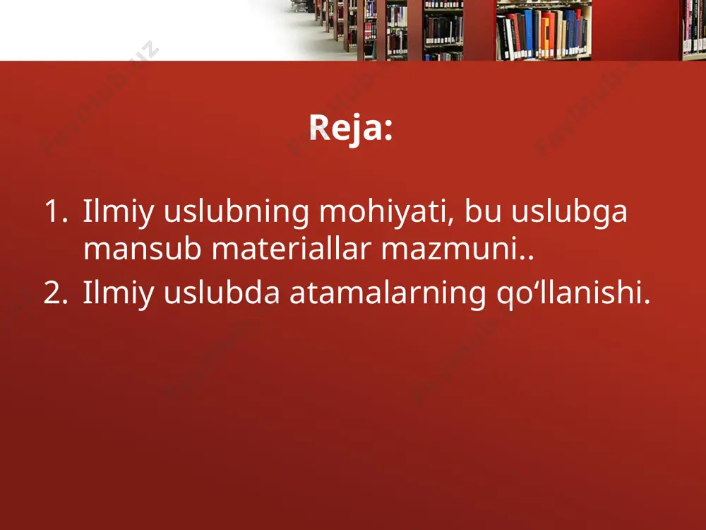 jon qirg‘oq, panjarasimon qirg‘oq; oy o‘tovi, serostona daryo, patsimon bulutlar kabi terminlar ham aslida obrazli ifodalardan kelib chiqqan. albatta, ilmiy uslubdagi obrazlilik bilan badiiy adabiyotdagi obrazlilik farqlanadi. ilmiy uslubda obrazli nomlar faqat nominativ atash funksiyasini, badiiy adabiyotda esa estetik ta’sir ko‘rsatish vazifasini bajaradi. obrazlilik katigoriyasi agar ilmiy uslubda «so‘ngan, nursiz»holda ko‘rinsa, badiiy adabiyotda esa «jonli» tarzda namoyon bo‘ladi. masalan, uchar yulduz, somon yo‘li astronom uchun, avvalo, termin vazifasini o‘taydi, yozuvchi uchun esa bu so‘z birikmalari o‘xshatish yoki obrazli ifoda manbai bo‘lishi mumkin. odatda ilmiy uslubga mansub materiallar o‘z mazmuniga ko‘ra 2 turga bo‘linadi: 1.ilmiy tadqiqotlar. 2.ilmiy-ommabop asarlar. ilmiy tadqiqotlar biron-bir fan sohasidagi izlanishlarni qamraydi, uzoq yillar olib borilgan ijodiy mehnat samarasini ko‘rsatdi.masalan: oybekning «abdulla qodiriyning ijodiy yo‘li» , i.sultonning «navoiyning qalb daftari» , h.yoqubovning «adibning mahorati» kabi asarlar xudi shunday tadqiqotlardir. ilmiy ommabop asarlar hamma uchun tushunilishi qiyin bo‘lgan masalalarni sharhlaydi. bunday asarlarda iloji boricha murakkab atamalar qo‘llanmaydi. bu uslubda …