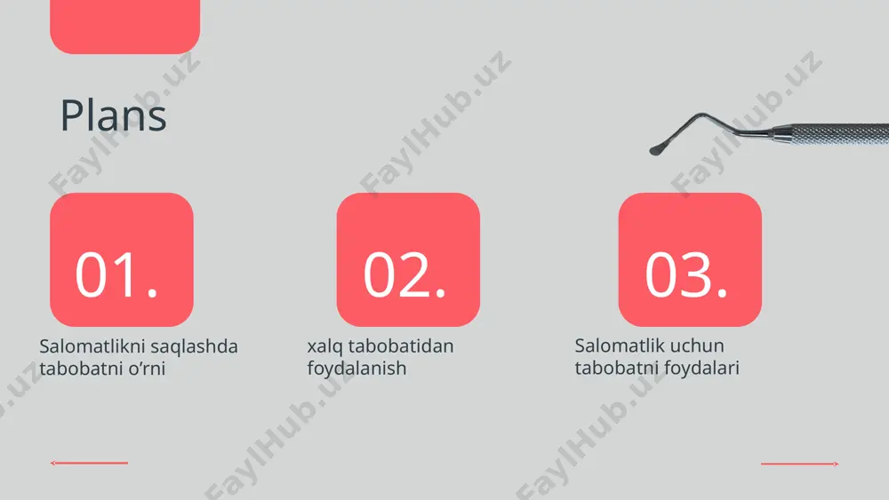 g usullari e'tiborga olish kerak bo'lgan jihatlar tabobat va salomatlik: foydali xulosa xalq tabobati asoslari xalq tabobati salomatlikni saqlashda muhim rol o'ynaydi. u tabiiy usullar bilan kasalliklarni oldini olish va davolashda yordam beradi. masalan, o'zbek xalq tabobatida o'tlar, masalan, asal va zira, ko'plab kasalliklarni davolashda qo'llaniladi. biroq, xalq tabobatining ayrim kamchiliklari mavjud: ilmiy asosning yetishmasligi va xavfli bo'lishi mumkin. kelajakda xalq tabobatini rivojlantirish uchun ilmiy tadqiqotlar va zamonaviy tibbiyot bilan integratsiya qilish zarur. misol uchun, o'tlar va an'anaviy usullarni zamonaviy tibbiy tadqiqotlar bilan birlashtirish mumkin. xalq tabobati – bu tabiiy resurslar va an'anaviy bilimlarga asoslangan sog'liqni saqlash usulidir. uning o'ziga xos xususiyatlari shundaki, u dorivor o'simliklar, xalq retseptlari va an'anaviy usullarni o'z ichiga oladi, bu esa sog'liqni mustahkamlashda muhim hisoblanadi. asosiy usullar: - dorivor o'simliklar: tabiiy o'simliklardan tayyorlangan preparatlar, masalan, chamomil, shifobaxsh xususiyatlari bilan tanilgan. - xalq retseptlari: o'zbek xalqining an'anaviy taomlari va ichimliklari, masalan, choy, asal va ziravorlar bilan …