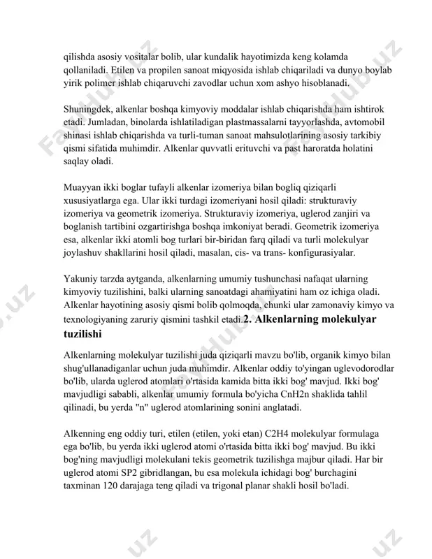 axminan 120 darajaga teng qiladi va trigonal planar shakli hosil bo'ladi. alkenlarning kimyoviy xususiyatlarida ikki bog'ning mavjudligi juda katta ahamiyatga ega. ikki bog'ning -bogi (pi-bog') energiya bo'yicha nisbatan zaifroq bo'lib, ko'pincha kimyoviy reaksiyalarda ishtirok etadi. shu sababli, alkenlar ko'pincha qo'shimcha va polimerizatsiya reaksiyalariga kirishadi. masalan, etilen gazini (c2h4) xlor bilan birikishi natijasida 1,2-dixloretan hosil bo'ladi. alkenlarning izomeriyasi ham ularning molekulyar tuzilishiga katta ta'sir ko'rsatadi. geometrik izomerlar sis- va trans- shakllariga ega bo'lishi mumkin. masalan, buten (c4h8) uchun sis-buten va trans-buten deb ataladigan ikki geometrik izomeri mavjud. sis- shakli, agar vodorod atomlari bir xil tomonda joylashgan bo'lsa, trans- shakli esa vodorod atomlari qarama-qarshi tomonda joylashgan bo'lsa hosil bo'ladi. bundan tashqari, alkenlar uzun zanjirli izomerlar hosil qilishi mumkin. misol uchun, penten (c5h10) zanjirida turli joylarda ikki bog' joylashishi mumkin va bu izomeriyalar sifatida namoyon bo'ladi, masalan, 1-penten, 2-penten va hokazo. har biri o'ziga xos kimyoviy va fizikaviy xossalarga ega. va nihoyat, alkenlarning …