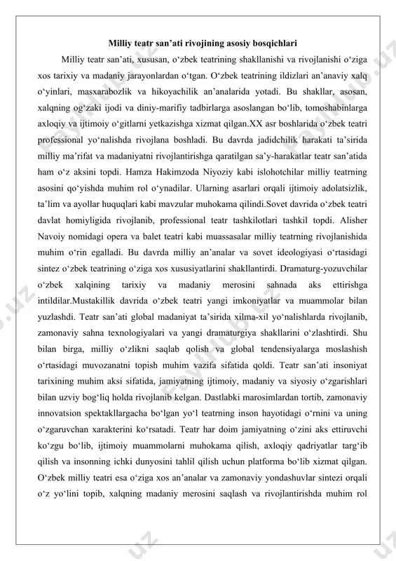 amaturgiya shakllarini o‘zlashtirdi. shu bilan birga, milliy o‘zlikni saqlab qolish va global tendensiyalarga moslashish o‘rtasidagi muvozanatni topish muhim vazifa sifatida qoldi. teatr san’ati insoniyat tarixining muhim aksi sifatida, jamiyatning ijtimoiy, madaniy va siyosiy o‘zgarishlari bilan uzviy bog‘liq holda rivojlanib kelgan. dastlabki marosimlardan tortib, zamonaviy innovatsion spektakllargacha bo‘lgan yo‘l teatrning inson hayotidagi o‘rnini va uning o‘zgaruvchan xarakterini ko‘rsatadi. teatr har doim jamiyatning o‘zini aks ettiruvchi ko‘zgu bo‘lib, ijtimoiy muammolarni muhokama qilish, axloqiy qadriyatlar targ‘ib qilish va insonning ichki dunyosini tahlil qilish uchun platforma bo‘lib xizmat qilgan. o‘zbek milliy teatri esa o‘ziga xos an’analar va zamonaviy yondashuvlar sintezi orqali o‘z yo‘lini topib, xalqning madaniy merosini saqlash va rivojlantirishda muhim rol o‘ynaydi. teatrning kelajakdagi rivojlanishi esa global madaniyat va texnologik imkoniyatlar bilan uyg‘unlikda davom etadi. sahnalashtirish nima? – uning teatr san’atidagi o‘rni sahnalashtirish teatr san’atining eng muhim va murakkab jarayonlaridan biridir. bu jarayon dramatik asarni sahnada hayotga tatbiq etish, ya’ni matnni ko‘zga ko‘rinadigan, …