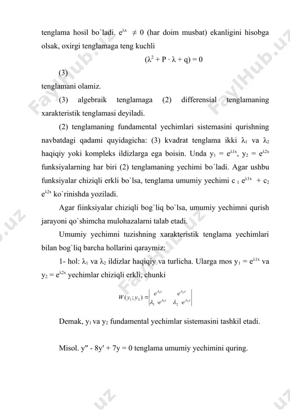 ilgandan so`ng: (ax + 2a + b) - 6 (ax + a + b) + 8 (ax + b) = x - 1 yoki 3ax - 4a + 3b = 3x - l. mos koeffitsiyentlarni tenglab, a = 1, b = -1 natijani olamiz. izlana-yotgan xususiy yechim: y = (х - 1)·ех; ii hol: agar α xarakteristik tenglamalardan biriga teng bo`lib, ikkinchisidan, farq qilsa, xususiy yechim у = x·q(x)·eαx ko`rinishida izlanadi. iii hol: agarda a xarakteristik tenglama ikki karrali ildizlariga teng bo`lsa, u holda xususiy yechim у = x2·q(x)·eαx ko`rinishida qidiriladi. 2. differensial tenglamalar sistemalari haqida umumiy ma`lumotlar agar bir noma`lum funksiyani emas, balki bir yo`la bir nechta noma`lum funksiyani topish masalasi qo`yilgan bo`lsa, umuman olganda, masala chekli shartlari - tenglamalari ham bir nechta bo`lishi zarur bo`ladi. agarda masala tenglamalari differensial tenglamalardan iborat bo`lsa, u holda differensial tenglamalar sistemasi haqida gapirish mumkin. sistema har bir tenglamasida hosila tartibi 1 dan …