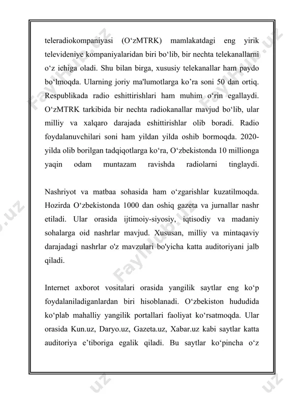 i qonun:** reklama mahsulotlarini, shu jumladan ommaviy axborot vositalarida reklama joylashtirishni tartibga soladi. reklama axborotlarining haqqoniyligi va halolligi ta'minlanishi lozim. o'zbekiston respublikasi prezidenti administratsiyasining matbuot xizmati va axborot texnologiyalari va kommunikatsiyalarini rivojlantirish vazirligi oav faoliyatini nazorat va muvofiqlashtirish vazifasini bajaradi. shu bilan bir qatorda, oav bo'yicha davlat inspeksiyasi va axborot va ommaviy kommunikatsiyalar agentligi kabi muassasalar ham sohada faoliyat yuritadi. sohaga oid statistik ma'lumotlarga kelsak, 2022-yil holatiga ko'ra o'zbekiston respublikasida ro'yxatga olingan oavlarning soni 1800dan ortiq tashkilotlarni tashkil etdi. bundan ortiqcha qismini bosma nashrlar, qo'gan qismini esa elektron oav va internet nashrlar tashkil qiladi. axborot maydonining global o'zgarishlari va raqamlashtirish bosqichining rivojlanishi sharoitida o'zbekiston hukumati oav huquqiy me'yorlarini doimiy ravishda yangilash, ularni xalqaro standartlar va amaliyotlarga moslashtirish ustida ish olib boradi. shu bilan birga, axborot olish va tarqatish erkinligi borasida sa'y-harakatlarni yanada faollashtirish zarurligi ham kun tartibidagi muhim masalalardan biridir. shu nuqtai nazardan, o'zbekiston hukumati xalqaro hamkorlik doirasida bir necha …