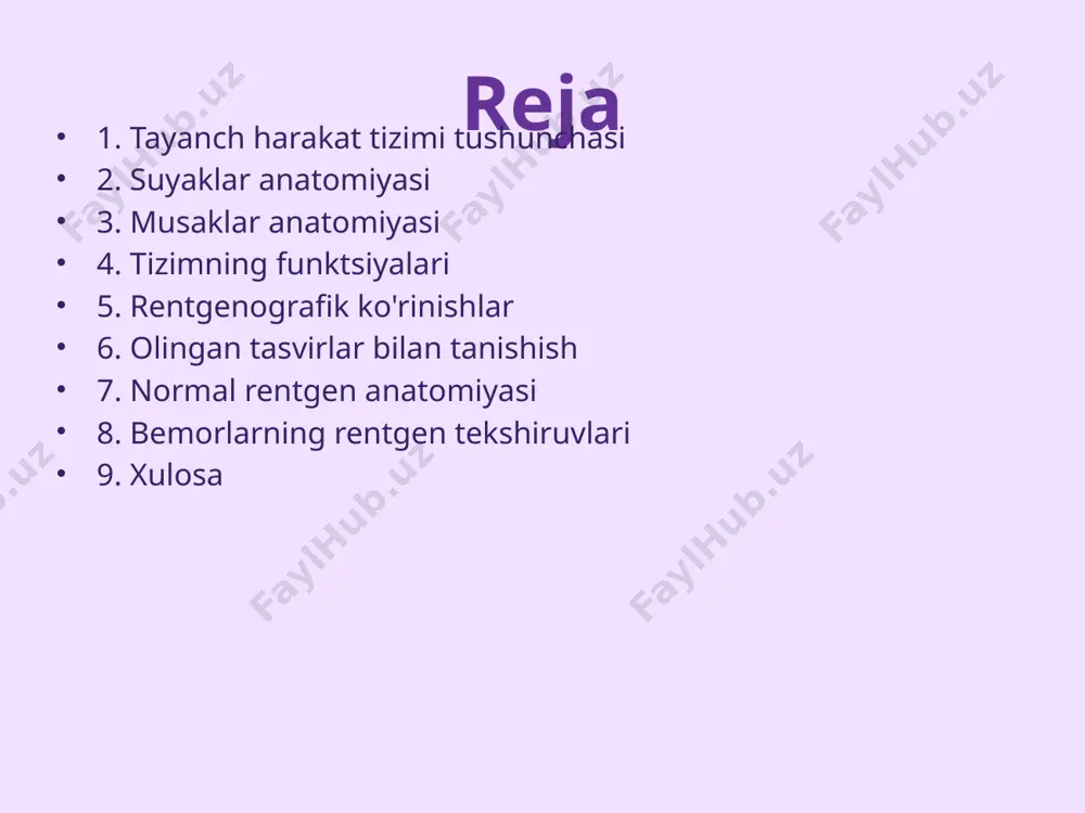 , harakat va kuch ko'tarishda dastlabki bosqichlarni ta'minlaydi. tizimning boshqa bir funktsiyasi - tabiiy himoyalangan struktura bo'lishi, bu esa ichki organlarni va suyaklarni zarbalardan himoya qilishga yordam beradi. rentgenografik ko'rinishlar rentgen tasvirlar tayanch harakat tizimini tekshirishda muhim rol o'ynaydi. ular suyaklar va musaklar tuzilishini kuzatishga imkon beradi. rentgenogramma orqali suyaklar, ularning joriy holati, deformatsiya, yoriq va boshqa patologiyalarni aniqlash mumkin. normal rentgen ko'rinishiga qaraganda, patologiyalarni aniqlash uchun zaruriy o'zgarishlarni namoyon etish muhimdir. rentgenografiyadan foydalanish, aniq tashxis qo'yilishi va davolash rejalashtirilishi uchun zaruriy natijalarni taqdim etadi. olingan tasvirlar bilan tanishish rentgen tasvirlarini tahlil qilishda ba'zi asosiy jihatlarga e'tibor berish kerak. bu, ko'pincha, tasvirning qaysi qismiga e'tibor qaratish va qanday o'zgarishlar kuzatilayotganini aniqlashdir. tasvirlarning to'g'ri va aniq bo'lishi uchun, rentgenolarning tajribasi va bilimi muhim ahamiyatga ega. har bir tasvirning normasi va patalogik holat mavjudligini bilish kerak. bunday yondashuv ko'p hollarda kasalliklarni tezda aniqlash va davolashni osonlashtiradi. normal rentgen anatomiyasi normal rentgen anatomiyasi …