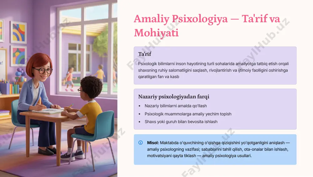 odamlarda uchlamchi profilaktika 4 muammo bo'lgan odamlarda takrorlanishini oldini olish maktablarda "stressga qarshi" treninglar o'quvchilarning imtihon va o'qish stressini boshqarishga o'rgatish korxonada "jamoa ruhi" dasturlari ishchilar o'rtasidagi munosabatlarni yaxshilash va stress kamayitish oilaviy markazlarda "sevgi va hurmat" seminarlari oila a'zolari o'rtasidagi sog'lom munosabatlarni rivojlantirish psixologik tuzatish (korrektsiya) shaxsning noto'g'ri shakllangan xulq-atvori, hissiyotlari, munosabatlari ustida ishlash, ularni ijobiy tomonga o'zgartirish vazifasini bajaradi. agressivlikni kamaytirish bolalarda va kattalarda g'azab nazoratini o'rgatish, muqobil xulq-atvor shakllarini o'zlashtirishga yordam berish oilaviy muloqotni yaxshilash ota-onaning farzand bilan to'g'ri muloqot qilish uslublarini o'rgatish, oilaviy muhitni yaxshilash ishga moslashuvni oshirish yangi xodimlarning ish muhitiga tezroq moslashishi, samaradorlikni oshirish psixologik reabilitatsiya ruhiy jarohat olgan, jiddiy stressdan o'tgan, qo'rquv, fobiyalar, travmalar ostida qolgan shaxslarga psixologik yordam ko'rsatish, ularni jamiyatga qaytarish. asosiy yo'nalishlar: post-travmatik stress buzilishi davolash ijtimoiy moslashuvni tiklash hissiy barqarorlikni qayta tiklash hayotiy ko'nikmalarni rivojlantirish urushdan qaytgan askarlar harbiy xizmatdan keyin tinch hayotga qaytish, travmalar bilan ishlash qo'rqinchli voqealardan …