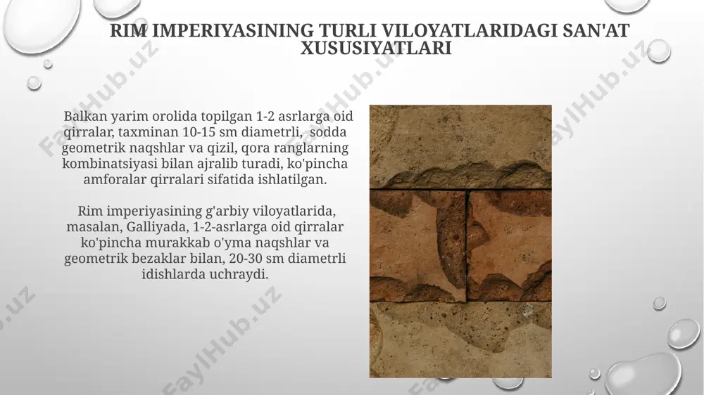 avomida saqlanib qolgan asarlar i-ii asrlarda saqlangan rim san'ati asarlari orasida 100 dan ortiq haykaltaroshlik namunalari, jumladan, portret haykallari va diniy mavzulardagi kompozitsiyalar mavjud. rim imperiyasi davrida yaratilgan mozaikalar, taxminan 500 dan ortiq namunasi saqlanib qolgan bo'lib, ularning aksariyati villalar va jamoat binolarini bezashda ishlatilgan. e'tiboringiz uchun rahmat @taqdimot_robot image3.png image4.jpg image5.jpg image6.jpg image7.jpg image8.jpg image9.jpg image10.jpg image11.jpg image12.jpg image13.jpg image14.jpg image15.jpg image16.jpg image17.jpg image18.jpg image1.png