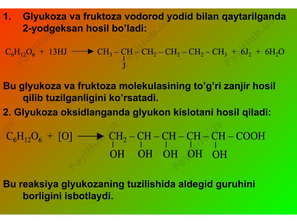 n fermentning turiga qarab etil spirti, atseton, glitserin va boshqa mahsulotlar hosil ulishi mumkin: monosaharidlar oziq-ovqat sanoatida ahamiyatga ega. c 6 h 12 o 6 + 13hj ch 3 – ch – ch 2 – ch 2 – ch 2 – ch 3 + 6j 2 + 6h 2 o j c 6 h 12 o 6 + 13hj ch 3 – ch – ch 2 – ch 2 – ch 2 – ch 3 + 6j 2 + 6h 2 o j c 6 h 12 o 6 + [o] ch 2 – ch – ch – ch – ch – cooh oh oh oh oh oh c 6 h 12 o 6 + [o] ch 2 – ch – ch – ch – ch – cooh oh oh oh oh oh oh oh oh oh oh c 6 h 12 o 6 + [o] cooh cooh cooh choh …