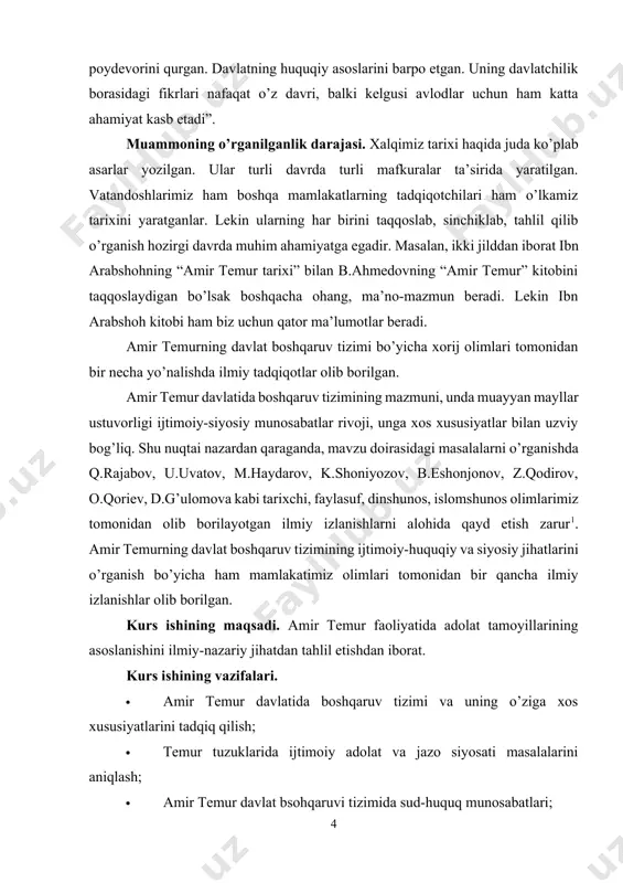 rda turli mafkuralar ta’sirida yaratilgan. vatandoshlarimiz ham boshqa mamlakatlarning tadqiqotchilari ham o’lkamiz tarixini yaratganlar. lekin ularning har birini taqqoslab, sinchiklab, tahlil qilib o’rganish hozirgi davrda muhim ahamiyatga egadir. masalan, ikki jilddan iborat ibn arabshohning “amir temur tarixi” bilan b.ahmedovning “amir temur” kitobini taqqoslaydigan bo’lsak boshqacha ohang, ma’no-mazmun beradi. lekin ibn arabshoh kitobi ham biz uchun qator ma’lumotlar beradi. amir temurning davlat boshqaruv tizimi bo’yicha xorij olimlari tomonidan bir necha yo’nalishda ilmiy tadqiqotlar olib borilgan. amir temur davlatida boshqaruv tizimining mazmuni, unda muayyan mayllar ustuvorligi ijtimoiy-siyosiy munosabatlar rivoji, unga xos xususiyatlar bilan uzviy bog’liq. shu nuqtai nazardan qaraganda, mavzu doirasidagi masalalarni o’rganishda q.rajabov, u.uvatov, m.haydarov, k.shoniyozov, b.eshonjonov, z.qodirov, o.qoriev, d.g’ulomova kabi tarixchi, faylasuf, dinshunos, islomshunos olimlarimiz tomonidan olib borilayotgan ilmiy izlanishlarni alohida qayd etish zarur1. amir temurning davlat boshqaruv tizimining ijtimoiy-huquqiy va siyosiy jihatlarini o’rganish bo’yicha ham mamlakatimiz olimlari tomonidan bir qancha ilmiy izlanishlar olib borilgan. kurs ishining maqsadi. amir temur …
