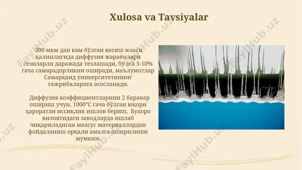 berish, yopishqoqlikni 20% ga kamaytiradi. kesish yuzasining tozaligi, masalan, 5 mikrondan kichik zarrachalarni olib tashlash uchun, maxsus ultrabinafsha nurlanishli tozalash uskunalaridan foydalanish, toshkentdagi mikroelektronika zavodlarida 90% ga samaradorlikni oshirdi. kesish yuzasining geometriyasi kesish yuzasining geometriyasi, masalan, 45 daraja burchak ostida joylashgan tekislikda 2 mm qalinlikdagi materialni kesishda, materialning deformatsiyasi va issiqlik ta'sirini kamaytiradi, natijada sifatli kesish yuzasi hosil bo'ladi. kesish yuzasining murakkab geometriyasi, 3 o'lchovli modellarga asoslangan holda, masalan, samarqanddagi cnc frezalash uskunasi yordamida amalga oshirilganda, 0.1 mm gacha aniqlikka erishish imkonini beradi. diffuziya va kesish yuzasi o'rtasidagi bog'liqlik qalinligi 2 mm bo'lgan po'lat plastinkaning 800°c haroratda uglerod bilan diffuziyasi natijasida, 10 soatdan keyin kesish yuzasida 0,5 mm chuqurlikdagi karbonli qatlam hosil bo'ladi, bu esa toshkent shahridagi metallurgiya zavodlarida aniqlangan. kesish yuzasining silliqligi, masalan, 0,1 mikrometrdagi tekislik, diffuziyani 10-15% ga tezlashtirishi mumkin, chunki bu material orasidagi bo'shliqlarni kamaytiradi va shu bilan to'qnashuvlar sonini minimallashtiradi. samarali kesish yuzasi samarali kesish yuzasining …