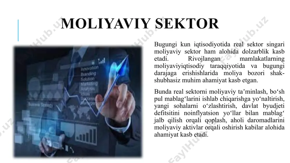 tartibga solishda ichki va tashqi mexanizmlar moliya bozorini tartibga solishda ichki va tashqi mexanizmlardan keng foydalaniladi. ichki tartibga solish ichki meʼyoriy hujjatlar (ustav, faoliyatni amalga oshirish qoidalari, faoliyatga doir standantlar, etika qoidalari va boshqalar) asosida moliya bozori ishtirokchilari faoliyati tashkil etilishini nazarda tutadi. moliya bozorini tartibga solishning tashqi mexanizmlari moliya bozorini tartibga solishning tashqi mexanizmlari sifatida megaregulyator va makroregulyator keng qoʻllaniladi. moliya bozorini megaregulyator orqali tartibga solish xalqaro tashkilotlar tomonidan belgilangan talablar, tamoyillar asosida amalga oshiriladi. makroregul-yator esa bevosita davlat tomonidan tartibga solishni nazarda tutadi va odatda qimmatli qogʻozlar bozorini tartibga solish boʻyicha vakolatli davlat organi belgilanadi. jamoatchilik tashkilotlari orqali moliya bozorini tartibga solish amaliyoti ham jahon amaliyotida tashqi mexanizm sifatida keng qoʻllaniladi. moliya bozorlarini tartibga solishning bosh maqsadi - moliya bozori va uning barcha ishtirokchilari samarali ishlashi uchun sharoit yaratish; - moliya bozoridagi tartibni saqlab turish; - moliya bozorining barcha ishtirokchilarini alohida shaxslarning firibgarliklaridan, jinoyatlaridan, umumiy holda noqonuniy xattiharakatlaridan …