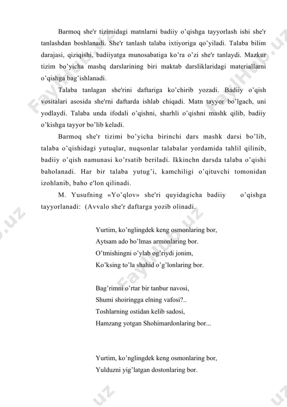bingdan chiqqe chayonlaring bor... qurboning bo’layin, ey onajonim, sening fig’onlaring — mening fig’onim, o’tmishingni o’ylab og’riydi jonim, toshlarni yig’latgan dostonlaring bor. avvalo, misralardagi bo’g’inlar soni aniqlanib, turoqlanish tizimi belgilanadi. fonetik va mantiqiy urg’u olgan bo’g’in va so’zlar, shundan kelib chiqib pauzalar o’rni ko’rsatiladi. yurtim, ko’nglingdek keng / osmonlaring bor / — ii bo’g’in aytsam ado bo’l!mes / armonlaring bor./ ii bo’g’in. misralar ii bo’g’indan iborat bo’lib, 6+5 shaklida turoqlangan. «yurtim» so’zidan keyingi pauza tinish belgiga asosan yuzaga kelsa, «keng», «bo’lmas» so’zlaridan keyingi pauzalar turoqlar orasidagi to’xtamlardir. har misra oxirida pauza qilinadi, «yurtim», «osmon», «ado» so’zlarida fonetik urg’u birinchi bo’g’inga tushadi. shuning uchun talaffuzda bunga alohida e'tibor berish zarur. birinchi misrada «keng» so’zi, ikkinchi misrada «ado bo’lmas» so’zlari mantiqiy urg’u olmoqdaki, bu so’zlar boshqa so’zlarga nisbatan kuchli ohang bilan o’qiladi. ana shu tartibda she'rning har bir misrasi ishlab chiqiladi. she'rdagi bandlarda temp deyarli farq qilmasa-da, beshinchi bandda temp tezlashadi, intonatsiya kuchayadi. …