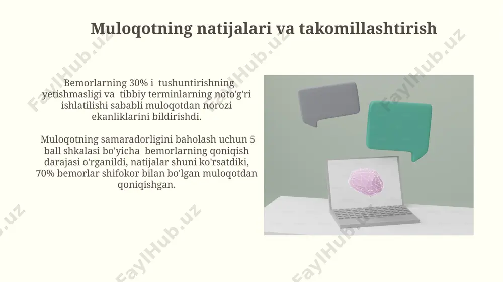 o'rquv va tashvishlarini to'liq ifoda eta olmaydilar, bu esa noto'g'ri tashxis qo'yish xavfini oshiradi. ko'p hollarda bemorlarning psixologik holatini baholash uchun standart psixometrik shkalalar (masalan, ham-a shkalasi) qo'llaniladi, bu esa qo'rquv va tashvish darajasini aniqlashga yordam beradi. davolash rejasi bo'yicha muloqot bemorning davolash rejasiga bo'lgan munosabati va uning psixologik holati (masalan, stress darajasi, qo'rquv) davolash samaradorligiga 30-40% ta'sir qilishi mumkin. samarali muloqot natijasida bemorlarning 85% gacha davolanishga rioya qilish darajasi oshadi va kasallikning qaytalanish xavfi 20% ga kamayadi. oila a'zolari bilan muloqot oila a'zolari bilan muloqotda bemorning 70% hollarda ruhiy holatini tushunish uchun ularning fikr-mulohazalari muhim ahamiyat kasb etadi, bu esa aniq tashxis qo'yish va davolash rejasini tuzishda yordam beradi. bemorning yaqinlari bilan samarali muloqot, 30% gacha bo'lgan noto'g'ri tashxis qo'yish xavfini kamaytirishi va davolanishga rioya qilish darajasini oshirishi mumkin, bu esa shifokor-bemor munosabatlarini mustahkamlaydi. bemorning his-tuyg'ularini tushunish bemorning his-tuyg'ularini tushunishda empatiya ko'nikmalari, faol tinglash va kamida 3 ta ochiq …