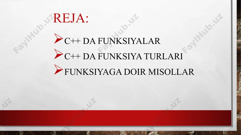 ksiyaning o'zi ham 2 xil bo'lishi mumkin: 1) asosiy dasturga (yoki chaqiruvchi funksiyaga) natijani qaytaruvchi. 2) void turidagi funksiya bo'lib, asosiy dasturdan (yoki chaqiruvchi funksiyadan) xech qanday parametr qabul qilib olmaydi xam, asosiy dasturga xech qanday natija qaytarmaydi ham. parametrsiz funksiyaga murojaat qilishda dastur tanasida funksiya nomi yoziladi. dasturda funksiya nomi operatorlar kabi ishlatiladi. parametrsiz funksiyada asosiy dasturning barcha global o`zgaruvchilaridan foydalanish mumkin. global o`zgaruvchilar ham asosiy dasturda, ham funksiyada ishlatish mumkin bo'lgan o`zgaruvchilar global o'zgaruvchilar deyiladi. global o'zgaruvchilar asosiy dasturda e`lon qilishi kerak. lokal o`zgaruvchilar faqat funksiyada ishlatish mumkin bo'lgan o'zgaruvchilarga local o'zgaruvchilar deyiladi. ular funksiyada e`lon qilinadi. funksiyada yana bir nechta ichki funksiyalardan foydalanish mumkin. blok ichida e'lon qilingan o'zgaruvchilar, shu blok uchun lokal o'zgaruvchilar hisoblanadi. bu o'zgaruvchilardan faqat blok ichida foydalanish mumkin. parametrli funksiyalar asosiy dasturdan (funksiyadan) chaqiriluvchi funksiyaga uzatilgan parametrlarni qabul qilib qayta ishlovchi funksiyalar parametrli funksiyalar deyiladi. qiymat parametrlar – asosiy dasturdan funksiyaga uzatiladigan o'zgaruvchilar …